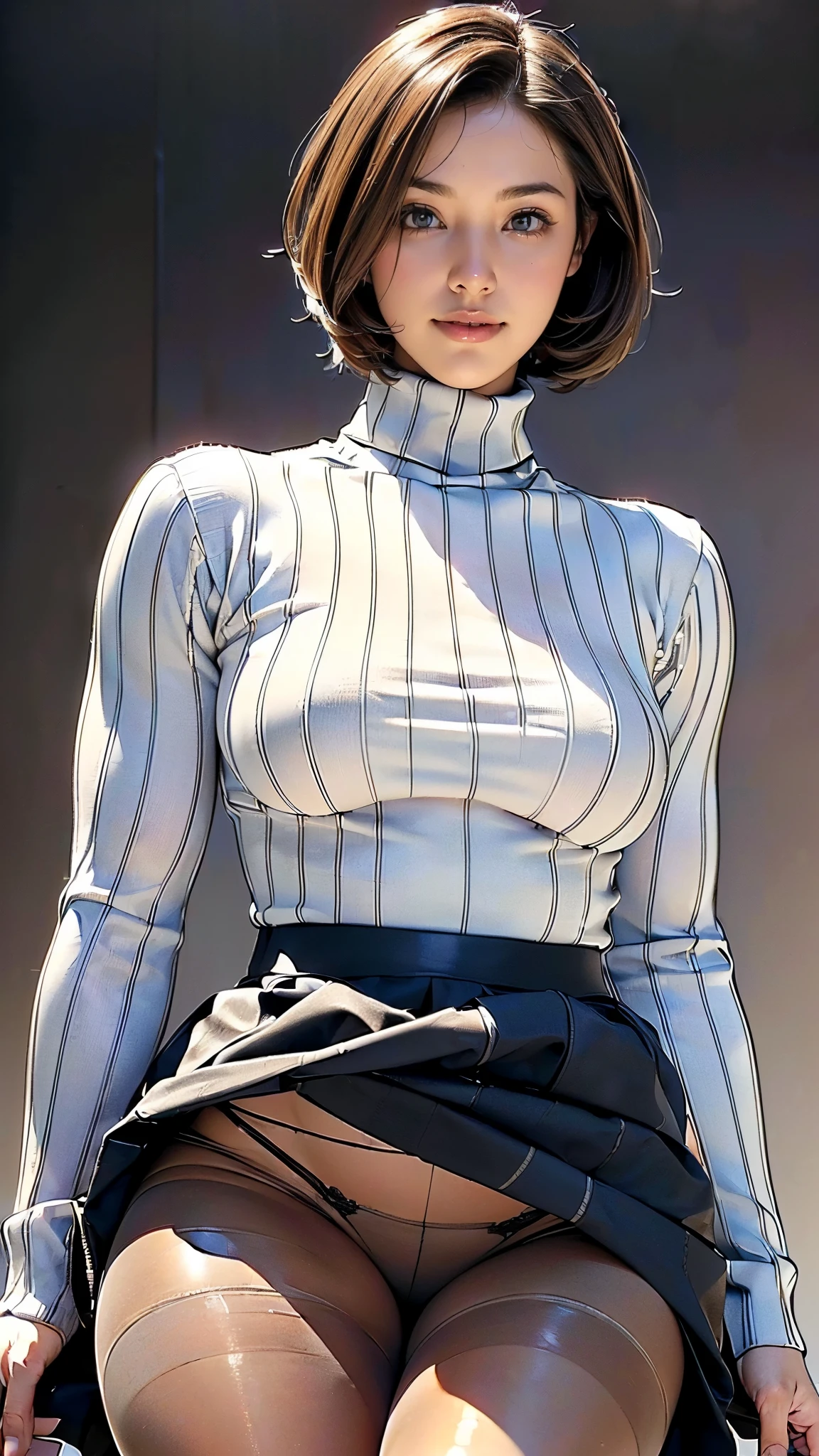 (1 girl:1.5),(40 years old:1.5),(Detailed body:1.4),(Beautiful Skin:1.4),(Japanese:1.5),(((Turtleneck sweater that fits the body:1.5))),(((skirt:1.5))),(((skirtめくり:1.5))),(((pantyhose:1.5))),(((Panties:1.5))),(front:1.5),(Looking at me:1.5),((Fine skin:1.4)),(Shiny skin:1.5),(Beautiful Face:1.5),(Detailed hand drawing:1.3),(Beautiful female hands:1.3),(smile:1.5),(short hair:1.2),break(Big Breasts:1.0),(Blurred Background:1.5),(((Muscular:1.5))),(((Very well made:1.5))),(Sexy Looks:1.5),((Thick thighs:1.5)),(Beautiful body:1.5),((Very sensual:1.5)),BREAK(((masterpiece:1.5),(highest quality:1.5),(Very detailed:1.5),(High resolution:1.5),(Realistic:1.5),(Realistic:1.5),(Delicate depiction),(Careful depiction))),8k,wallpaper