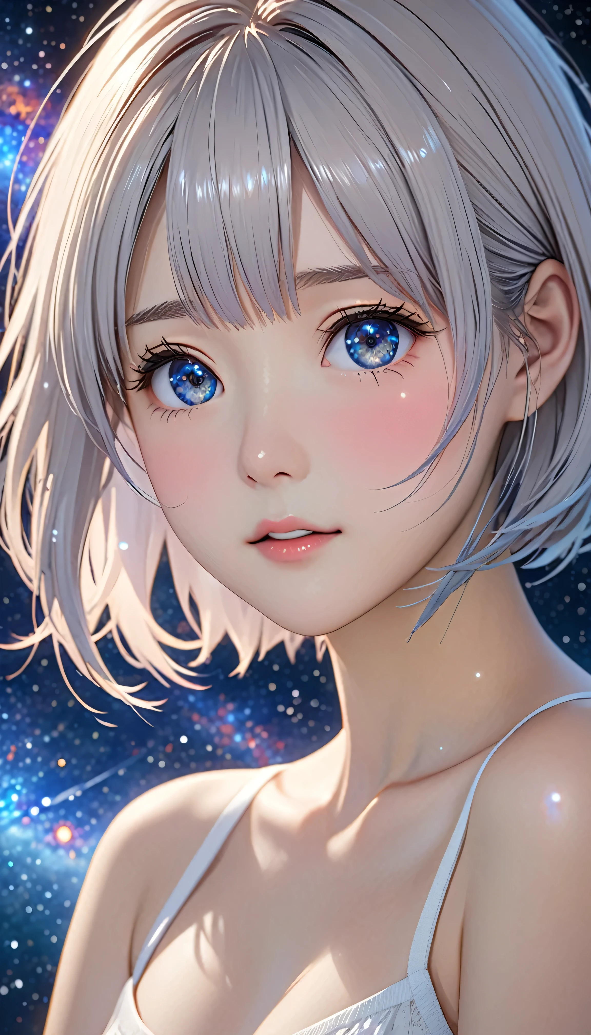 National Science Foundation,masterpiece,High resolution,8K,Art,digit,Three-dimensional,Realism,Kyoto Animation Style,your name movie style,cute,Facing the camera,universe,Milky Way,Planet,(1 female: 1.3),(alone: 1.4),Upper body nudity,Long eyelashes,Long thin legs,Short Bob,Close-up of upper body,Close-up,close view,Starry Sky,Eyes as deep as the Starry Sky,Blushed,shy,shy,open mouth