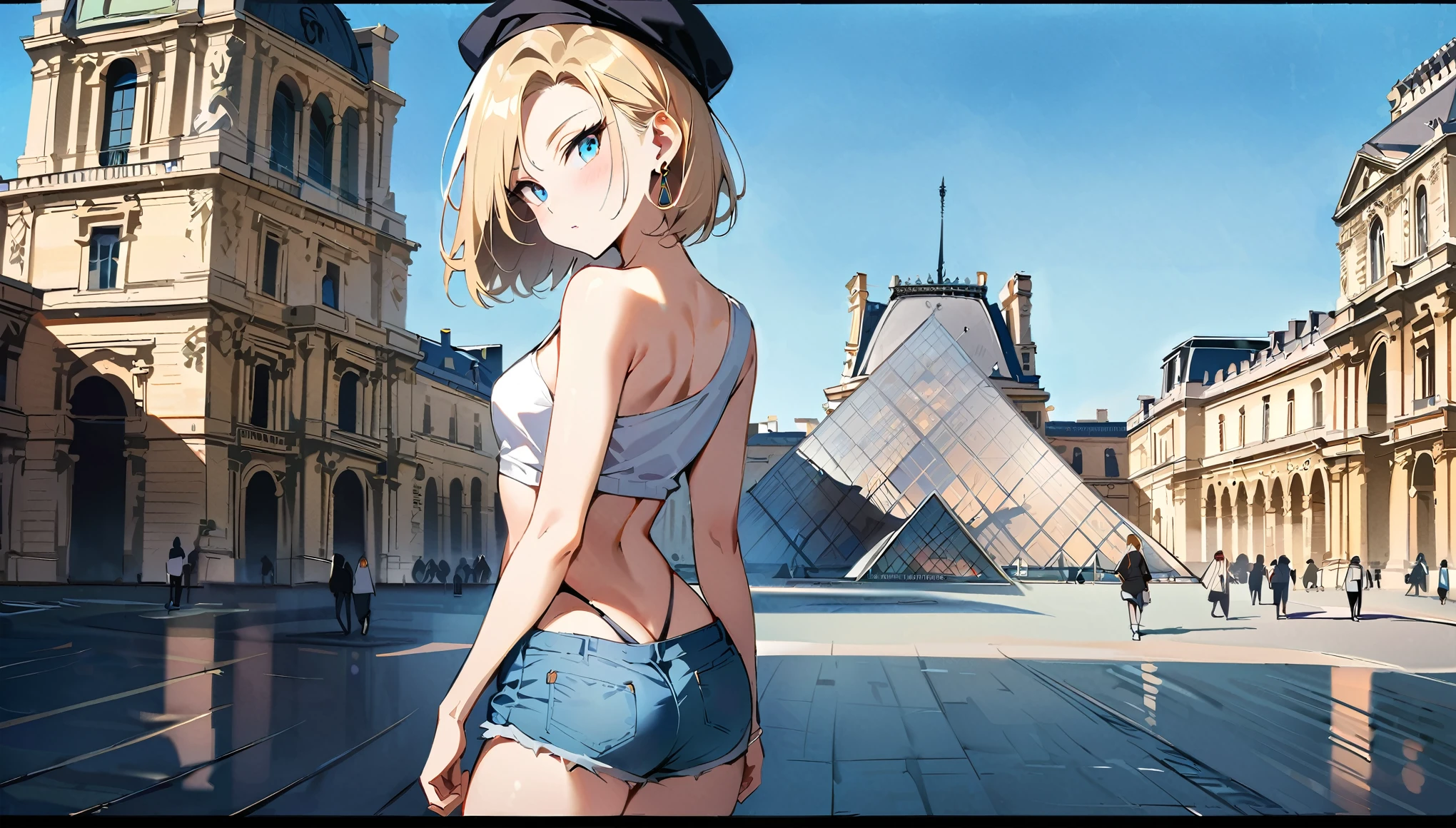 (masterpiece, best quality:1.2), full body shot, solo, Android 18 from Dragon Ball, collarbone, cleavage, ((slip-on one-shoulder crop top)), (light gray top:1.2), no jacket, midriff-baring, navel, (short shorts with one button undone), strings of thong underwear slightly visible, small breasts, short blonde hair loose, ((blue eyes)), ((wearing glasses)), earrings on earlobes, slender feminine figure, narrow waistline, skinny body, (plane black cap), (cap without logo), beach sandals, sunlight, head tilt, looking at viewer, light blush, shot from behind, looking back, back view, arms behind back, walking, the Louvre, the Eiffel Tower, outside, natural lighting and shadows, blur background, 4K