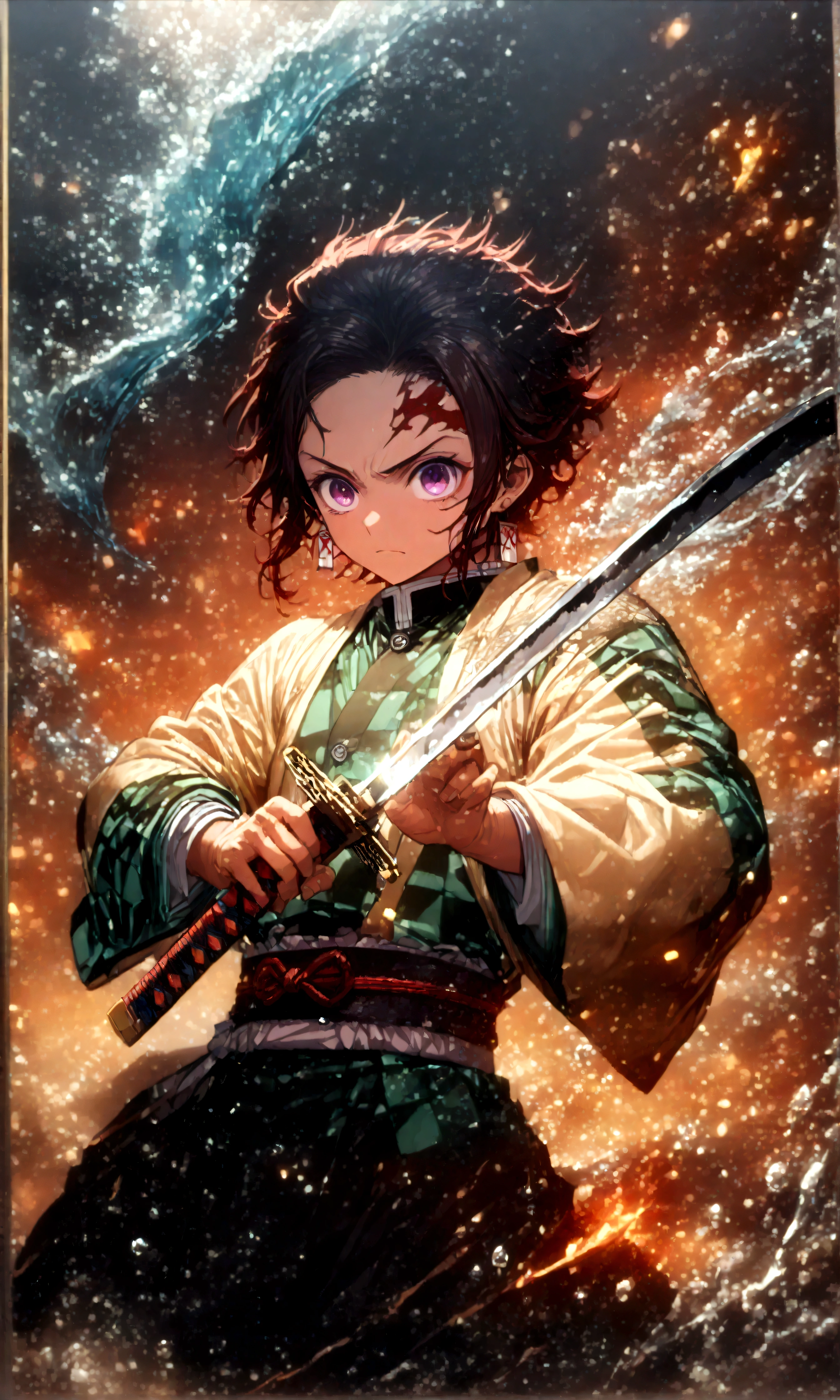 (1 male,tanjiro kamado),Demon slayer,Tanjiro&#39;Costume,Holding a Japan sword in both hands,Water flow effect,Fire effect,Intricate details,,Decadent,artwork,rendering,Dynamic pose,(masterpiece:1.3),(highest quality:1.4),(Very detailed:1.5),High resolution,Very detailed,unity 8k wallpaper,Dark fantasy,,Glare,Fighting Style,Draw artistic background,(Engraving Japanese-style patterns:water:Wave:流water),Gold Leaf,Glare,Hopeless shape,Looking into the camera,BREAK,Japanese swords are straight and have a metallic luster.,Please hold the Japanese sword by the handle