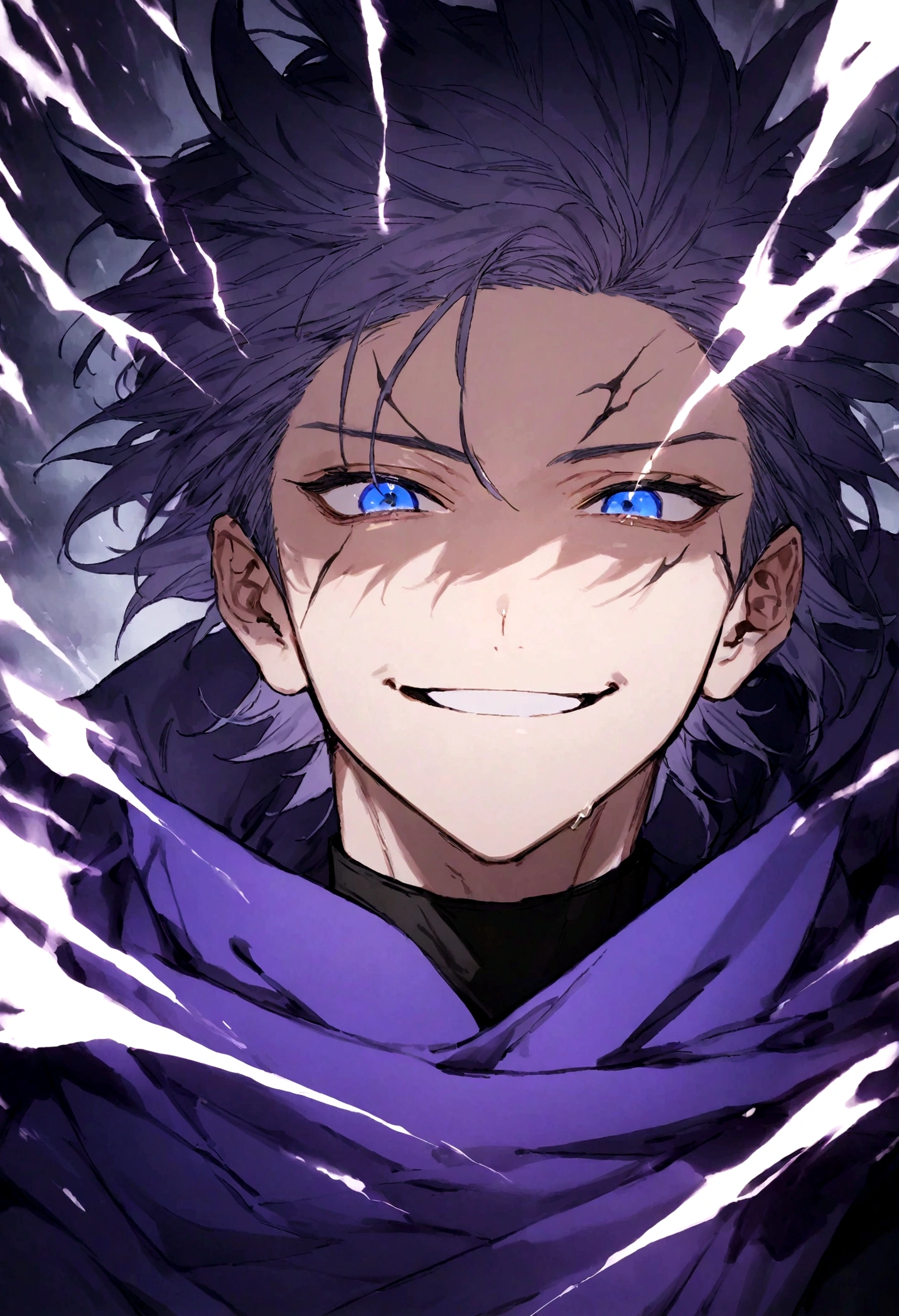 (masterpiece, 32k, 8k, image with ultra effects), background with several thunders and black clouds, human, 26 year old man, silver and spiky hair, electric blue eyes, confident smile on his face, purple blue cape, (image focused only on the character's face)