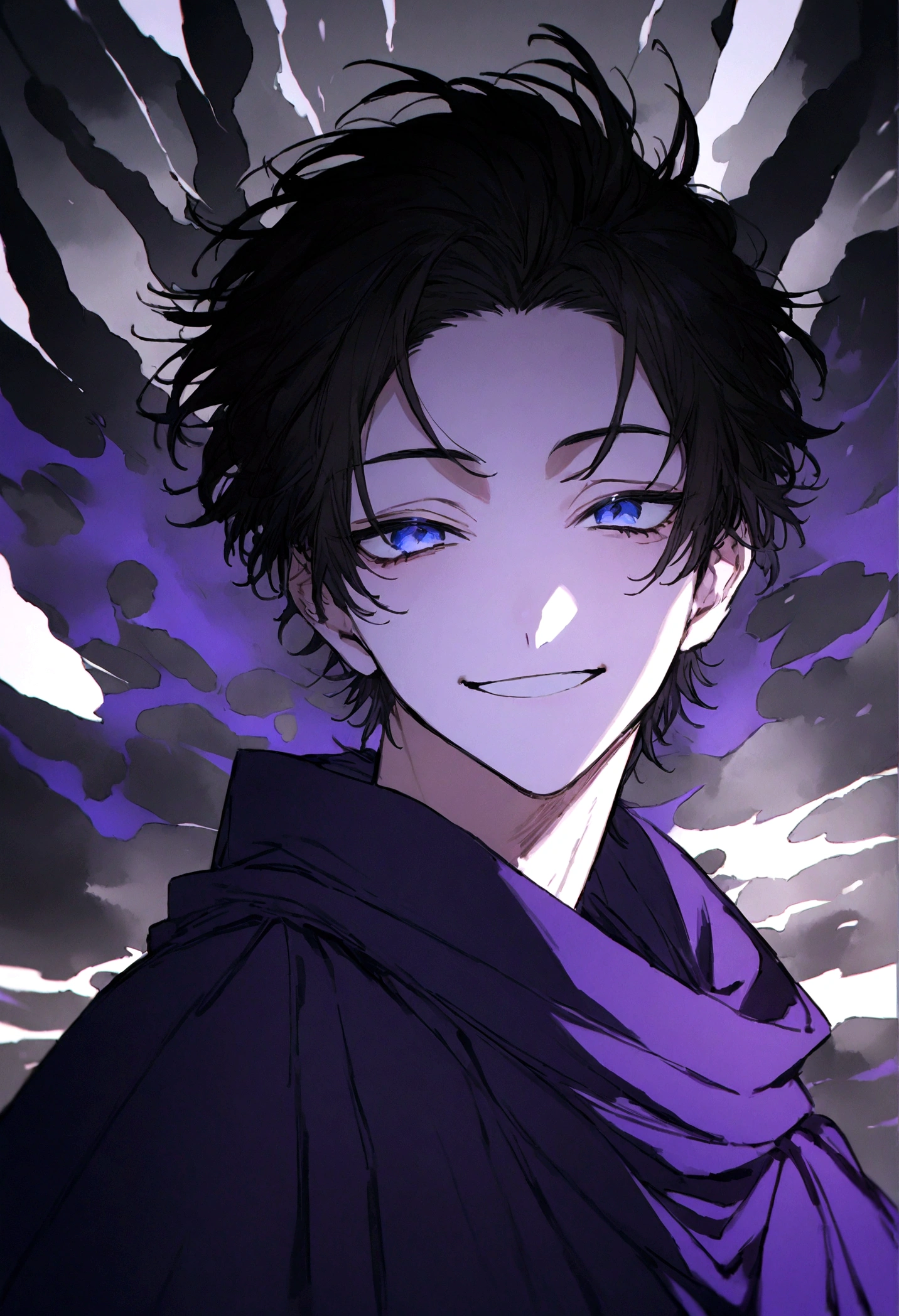 (masterpiece, 32k, 8k, image with ultra effects), background with several thunders and black clouds, human, 26 year old man, silver and spiky hair, electric blue eyes, confident smile on his face, purple blue cape, (image focused only on the character's face)