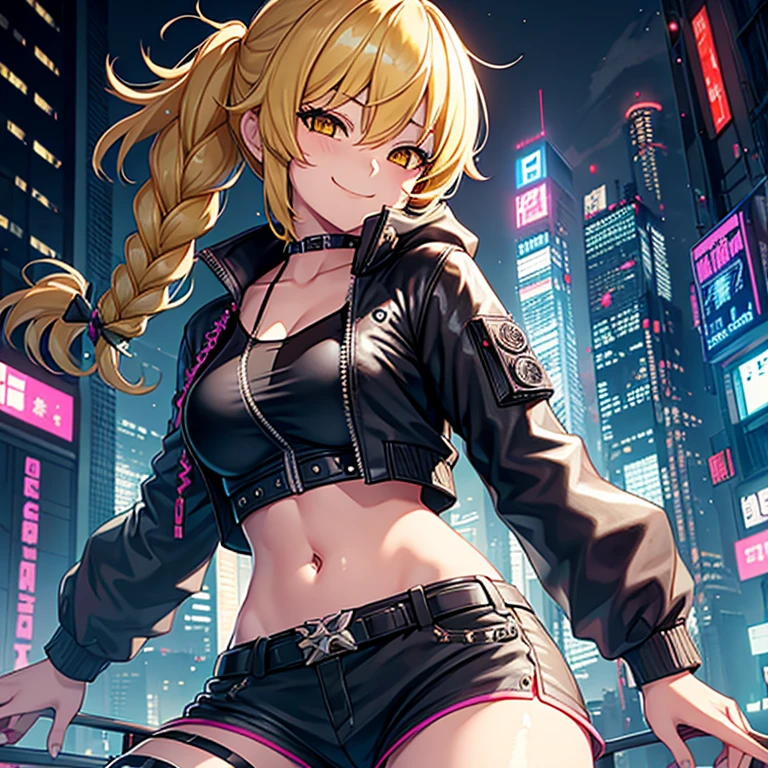 1 girl, solo, Marisa Kirisami, touhou, masterpiece, blonde hair, side braid, yellow eyes, smug smile, alternate costume, black bomber jacket, punk rock shorts, rocker boots, cyberpunk art style, cyberpunk cityscape, wide shot