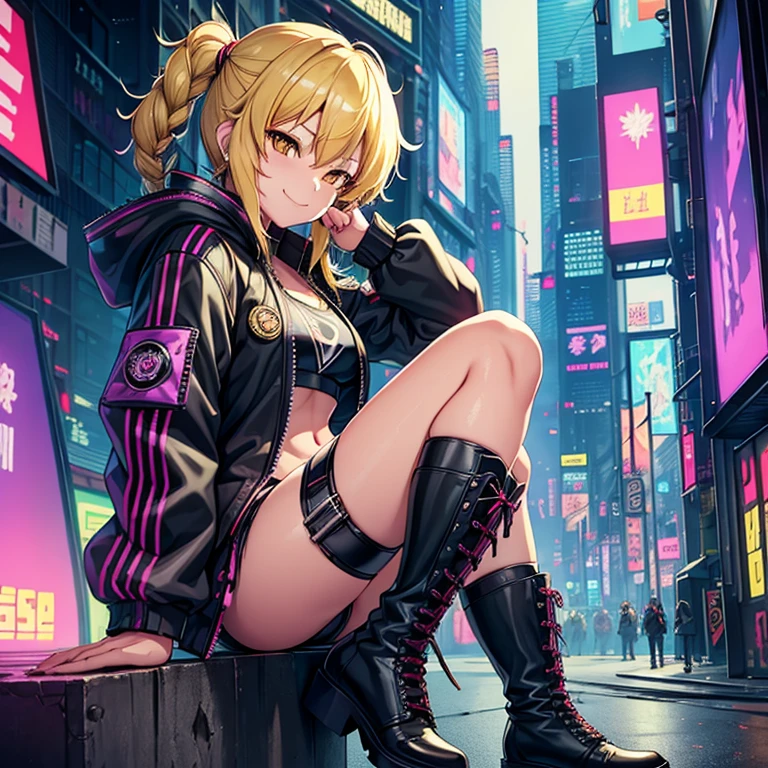 1 girl, solo, Marisa Kirisami, touhou, masterpiece, blonde hair, side braid, yellow eyes, smug smile, alternate costume, black bomber jacket,  punk rock shorts, rocker boots, cyberpunk art style, cyberpunk cityscape, wide shot