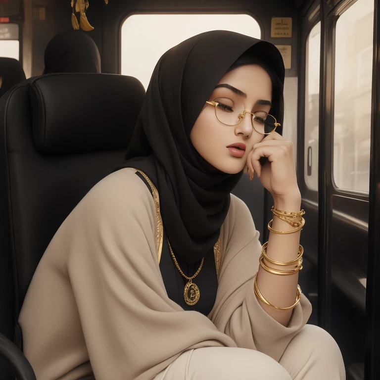 A beautiful high school glasses Arabian 17 years old girl model, white skin, sharp nose, thin lips, circle face, wearing hijab, golden indian bangle and bracelet, golden necklace, golden swiss polo watch, elegant gray pants, tight white bra, black bag, curvy woman, black shoes with heels, sleeping with her mouth wide open, yawning, sleeping sitting on the bus, brown hair, curvy woman, head resting on the seat, short hair shoulder length, eyelids outlined in black, nails painted black, detailed face