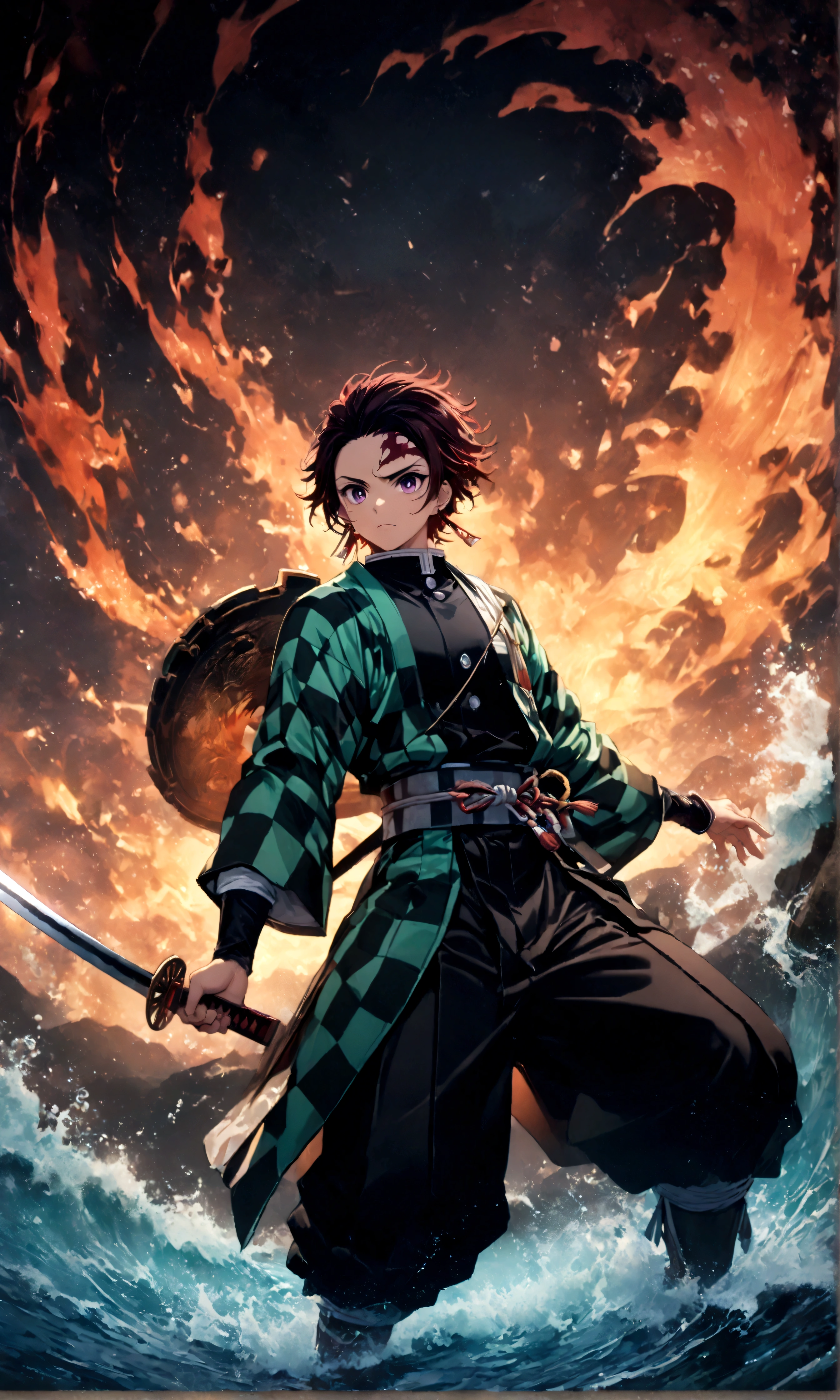 (1 male,tanjiro kamado),Demon slayer,Tanjiro&#39;Costume,Holding a Japanese sword,Water flow effect,Fire effect,Intricate details,,Decadent,artwork,rendering,Dynamic pose,(masterpiece:1.3),(highest quality:1.4),(Very detailed:1.5),High resolution,Very detailed,unity 8k wallpaper,Dark fantasy,,Glare,Fighting Style,Draw artistic background,(Engraving Japanese-style patterns:water:Wave:流water),Glare,Hopeless shape,Looking into the camera,BREAK,(Japanese swords are straight and have a metallic luster.,Please hold the Japanese sword by the handle),Structurally correct