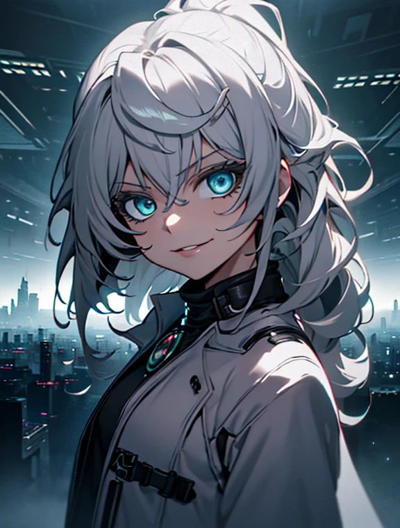 masterpiece, best quality, ((girl)), (colorful),(finely detailed beautiful eyes and detailed face),cinematic lighting,extremely detailed CG unity 8k wallpaper, sky, cloudy_sky, building, (dark theme:1.3), light, fantasy, white long hair, green eyes, ((grey overcoat)) Mature Woman, Light Tech Armor, Cynical smile