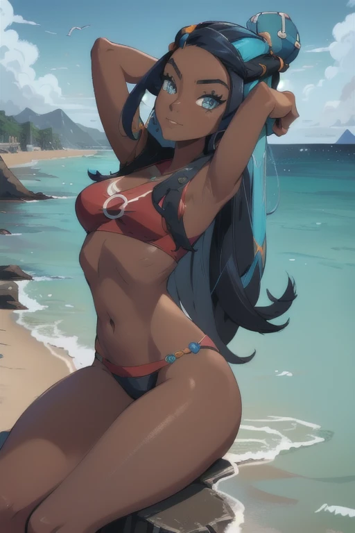 masterpiece, best quality, highly detailed, (Detailed face:1.2), (Detailed eyes:1.2), 1girl, solo, (nessa_pokemon:1.3), dark-skinned female, dark skin, blue eyes, aqua eyes, long hair, black hair, blue hair, aqua hair, multicolored hair, two-tone hair, hair bun, single hair bun, eyeshadow, slim feminine figure, arrogant smile, medium breasts, red bikini, sitting down, arched back, arms raised into the air, legs spread apart, Detailed legs, flexible, stretching, posing, cowboy shot, cinematic composition, (Background: outdoors, day time, beach town, view of the ocean)
