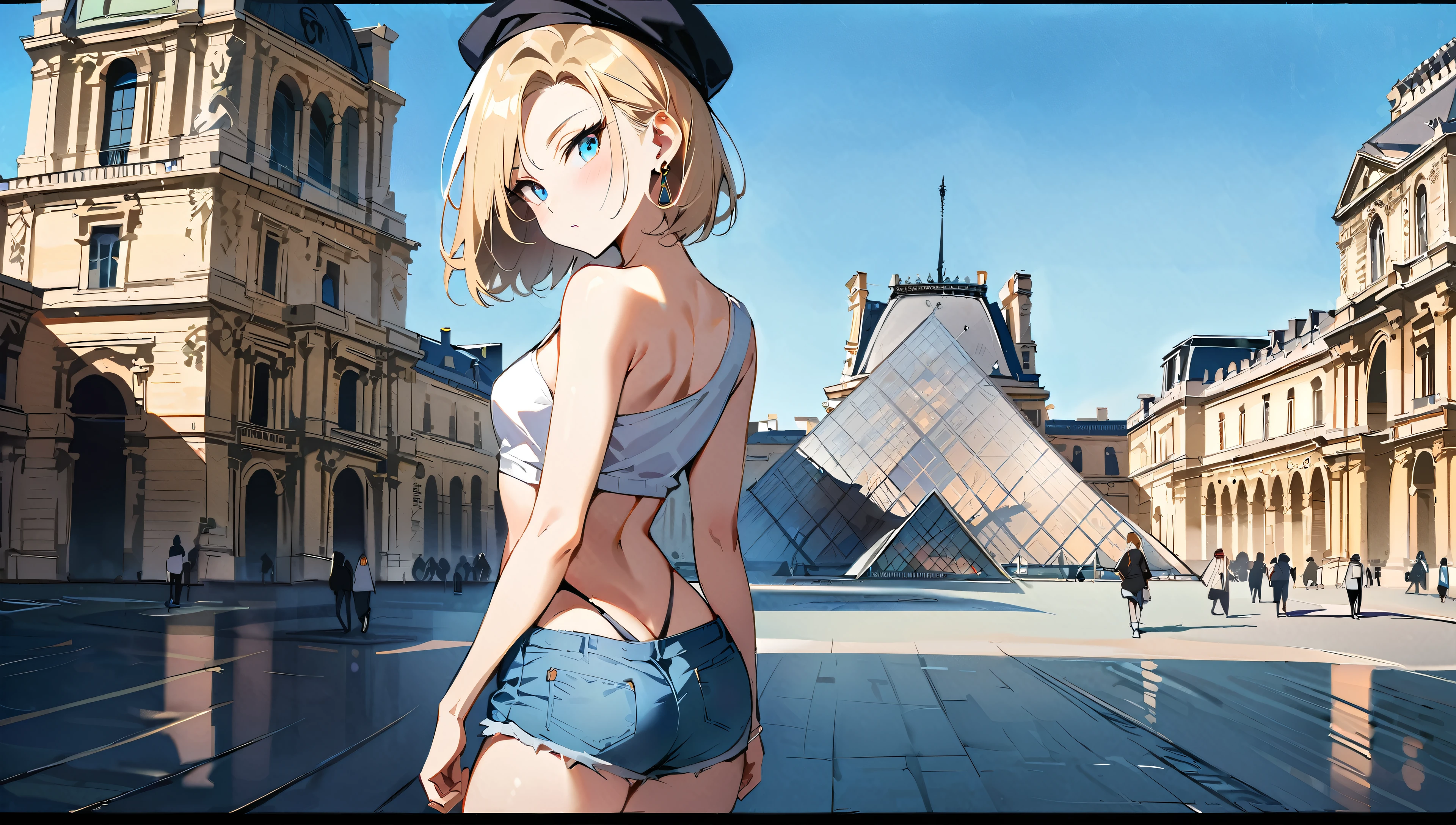 (masterpiece, best quality:1.2), from behind, solo, Android 18 from Dragon Ball, wariza, ((slip-on one-shoulder crop top)), (light gray top:1.2), (gray sport short shorts), strings of thong underwear slightly visible, (wearing glasses), small breasts, short blonde hair loose, (blue eyes), earrings on earlobes, ((plane black cap)), black thighhighs, black loafers, head tilt, light blush, looking back, arms behind back, slender feminine figure, narrow waistline, skinny body, no jacket, no logo, backless crop top, walking, the Louvre, the Eiffel Tower, outside, natural lighting and shadows, magnificent view, blur background, 4K