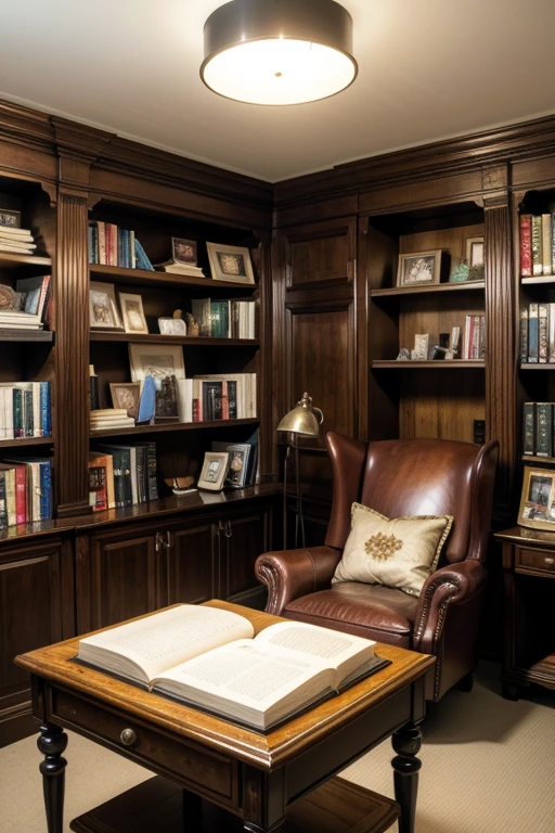 Modern library with books placed neatly in a spacious room. A desk in one of the corners of the room, a small armchair in the center of the library. A comfortable warm light illuminates the room. Sobre el escritorio hay tinta y pluma fuente, There are also sheets to make notes.. At one end of the desk there is a small stack of books..
