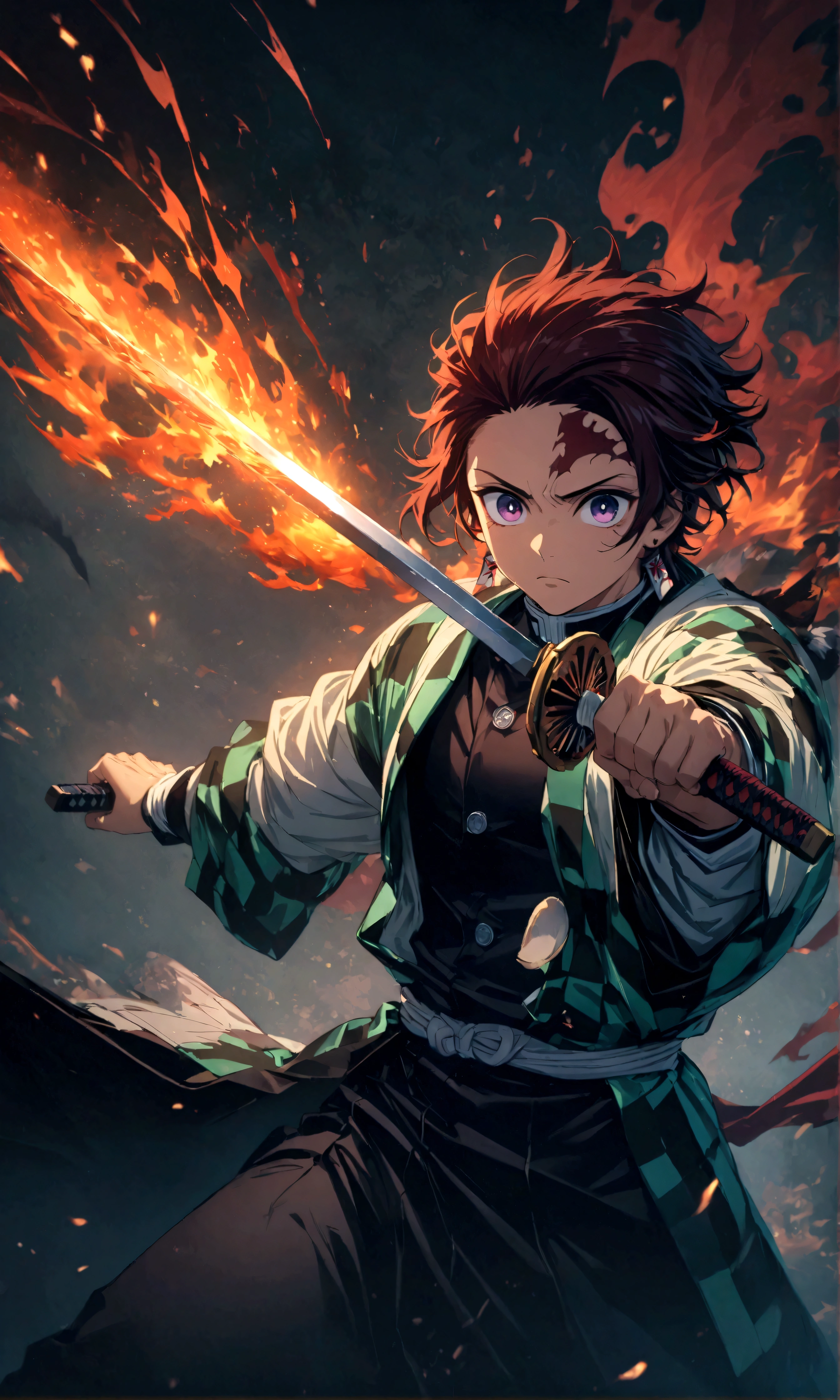 (1 male,tanjiro kamado),Demon slayer,Tanjiro&#39;Costume,Holding a Japanese sword,Dancing water effect,Fire effect,Intricate details,,Decadent,artwork,rendering,Dynamic pose,(masterpiece:1.3),(highest quality:1.4),(Very detailed:1.5),High resolution,Very detailed,unity 8k wallpaper,Dark fantasy,Brush strokes,Glare,Fighting Style,Glare,Hopeless shape,Looking into the camera,BREAK,Japanese swords are straight and have a metallic luster.,Please hold the Japanese sword by the handle