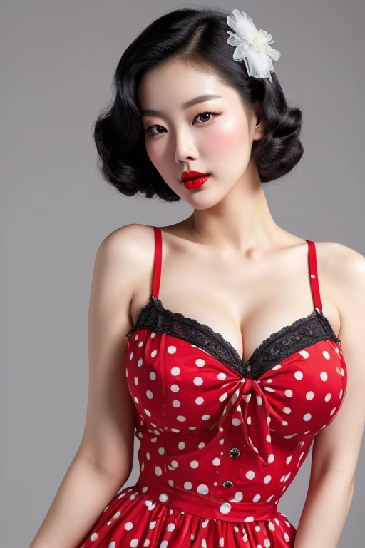 1952, ((1 korean woman)), big breasts, strikingly beautiful, delicate facial features, porcelain skin, expressive eyes, black hair, red lips, sexy, alluring pin-up girl in red dress with big polka dots, pin-up hairstyle, blowing air kiss, slim waist, big breasts, juicy lips, professional photo, photorealistic, white background