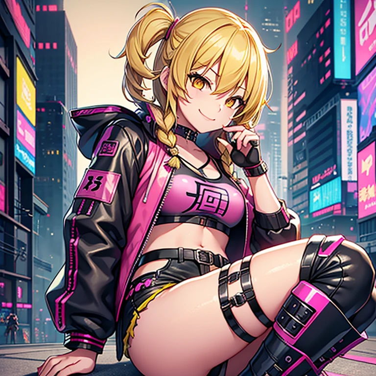 1 girl, solo, Marisa Kirisami, touhou, masterpiece, blonde hair, side braid, yellow eyes, smug smile, alternate costume, black and pink bomber jacket, punk rock shorts, rocker boots, cyberpunk art style, cyberpunk cityscape, wide shot