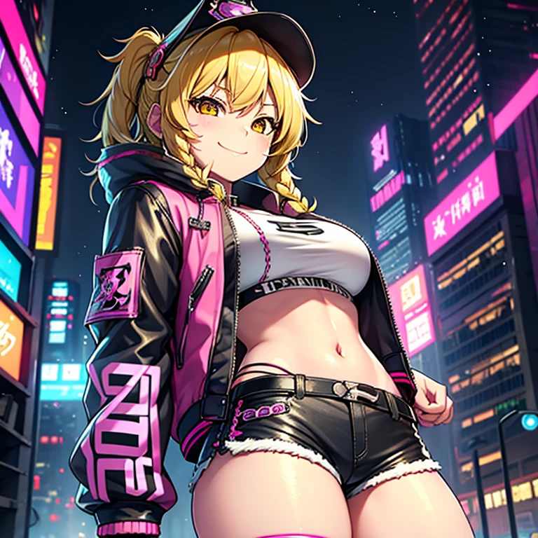 1 girl, solo, Marisa Kirisami, touhou, masterpiece, blonde hair, side braid, yellow eyes, smug smile, alternate costume, black and pink bomber jacket, punk rock shorts, rocker boots, cyberpunk art style, cyberpunk cityscape, wide shot