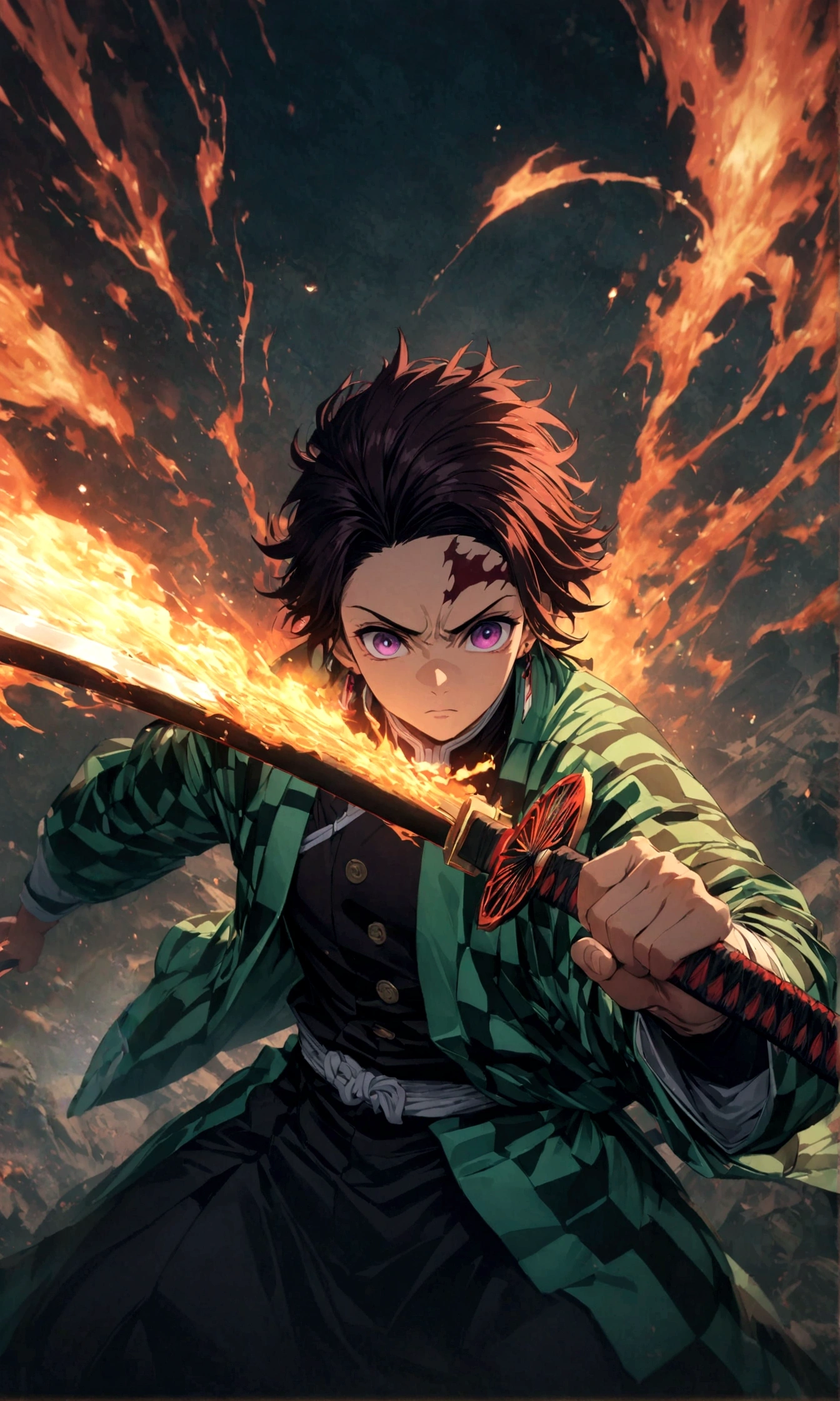 Fixes,(1 male,tanjiro kamado),Demon slayer,Tanjiro&#39;Costume,Holding a Japanese sword,Water and fire effects,Intricate details,,Decadent,artwork,rendering,Dynamic pose,(masterpiece:1.3),(highest quality:1.4),(Very detailed:1.5),High resolution,Very detailed,unity 8k wallpaper,Dark fantasy,Brush strokes,Glare,Fighting Style,Glare,Hopeless shape,Looking into the camera,break,The Japanese sword is very straight.