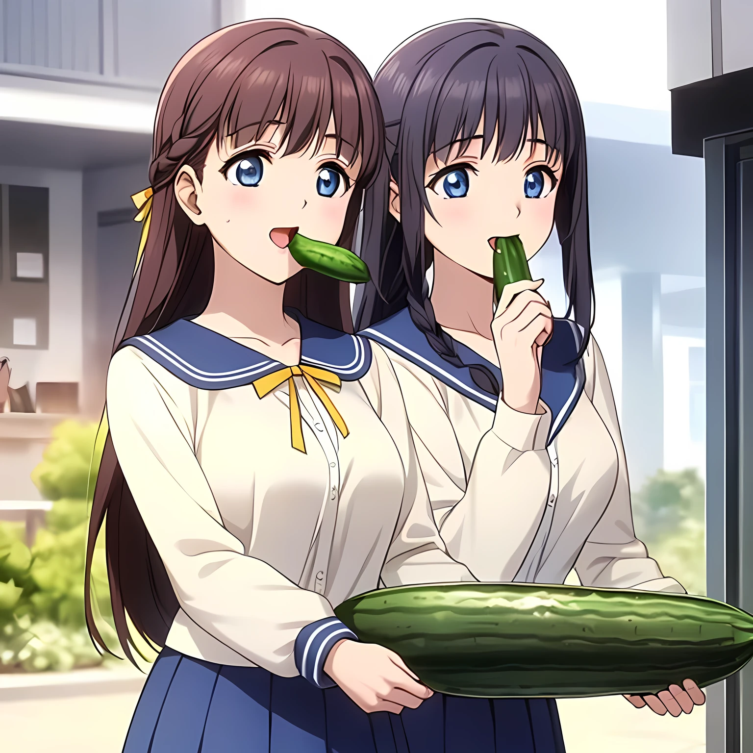 (highest quality, masterpiece:1.2), highest quality, High resolution, 1080p, 8K, Game heroine CG, Height: 158cm, ((The beautiful game heroine is eating a long cucumber with sweet nectar with gusto.)), A face that everyone loves, Very sweet honey, Glossy lips, Even bangs, Double, Long eyelashes on both the top and bottom, Smiling blue eyes, The very large and thick yellow ribbon bowtie is very cute., ((Black Hair)), Beautiful, shiny, long braids, ((A long, neat, dark navy pleated skirt)), (((A long-sleeved navy blue sailor uniform for winter, all dark blue in color))), ((Navy blue jacket)), Smiling, slightly open mouth like a game heroine, Ribbon in hair, Tight waist, The background is a blank white space, ((Blur the background))