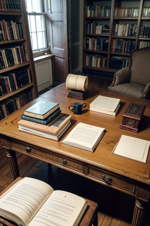 Library from the early 20th century, with books arranged neatly in a large room. The scene perceives almost the entire library. A desk in one of the corners of the room, a small armchair in the center of the library. A comfortable warm light illuminates the room. On the desk there is ink and a fountain pen, there are also sheets for making notes. At one end of the desk is a small stack of books.