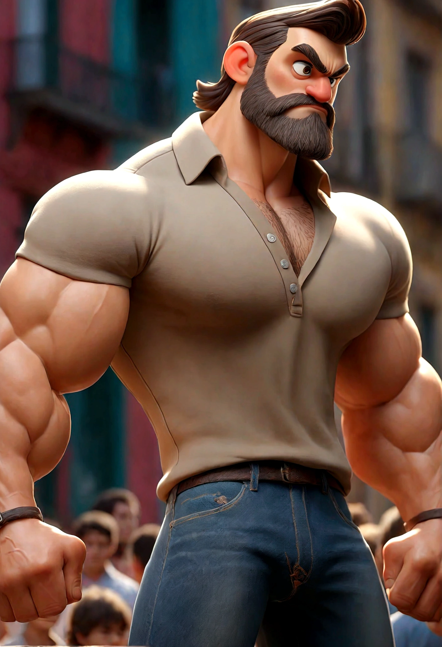 cara musculoso, Wearing Jeans, vestindo camisa branca, Desabotoar camisa na parte superior, Peito grande, muscular arms, caminhoneiro, bearded man standing, pose viril, no clube, with crowds, Cabelo curto, segurando o saco, volumoso.
