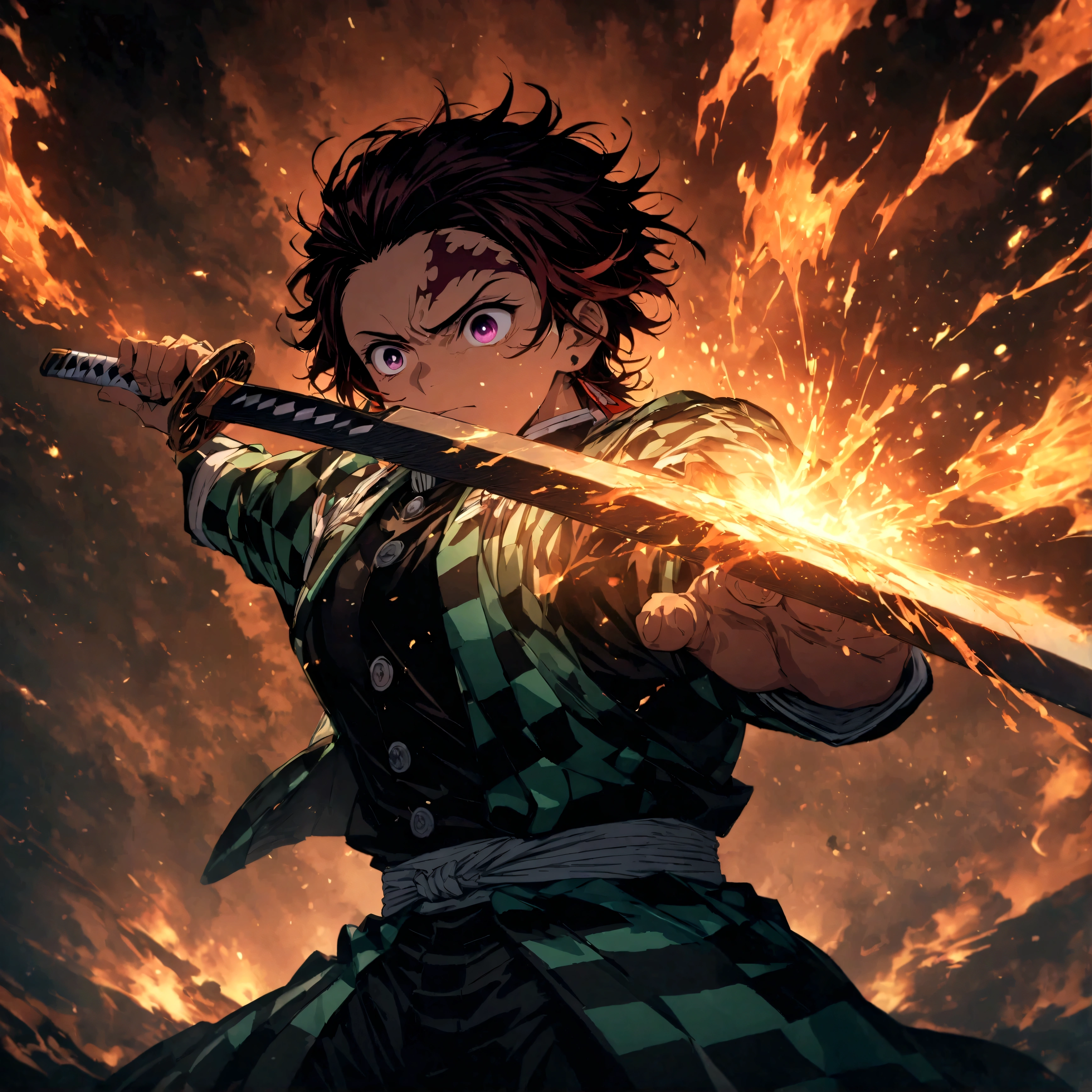 (1 male,Tanjiro Kamado),Demon slayer,Tanjiro&#39;s Costume,Holding a Japanese sword,Water and fire effects,Intricate details,,Decadent,artwork,rendering,Dynamic pose,(masterpiece:1.3),(highest quality:1.4),(Super detailed:1.5),High resolution,Very detailed,unity 8k wallpaper,Dark fantasy,Glare,Fighting Style,Glare,Desperate form,Looking ahead,BREAK,The Japanese sword is very straight