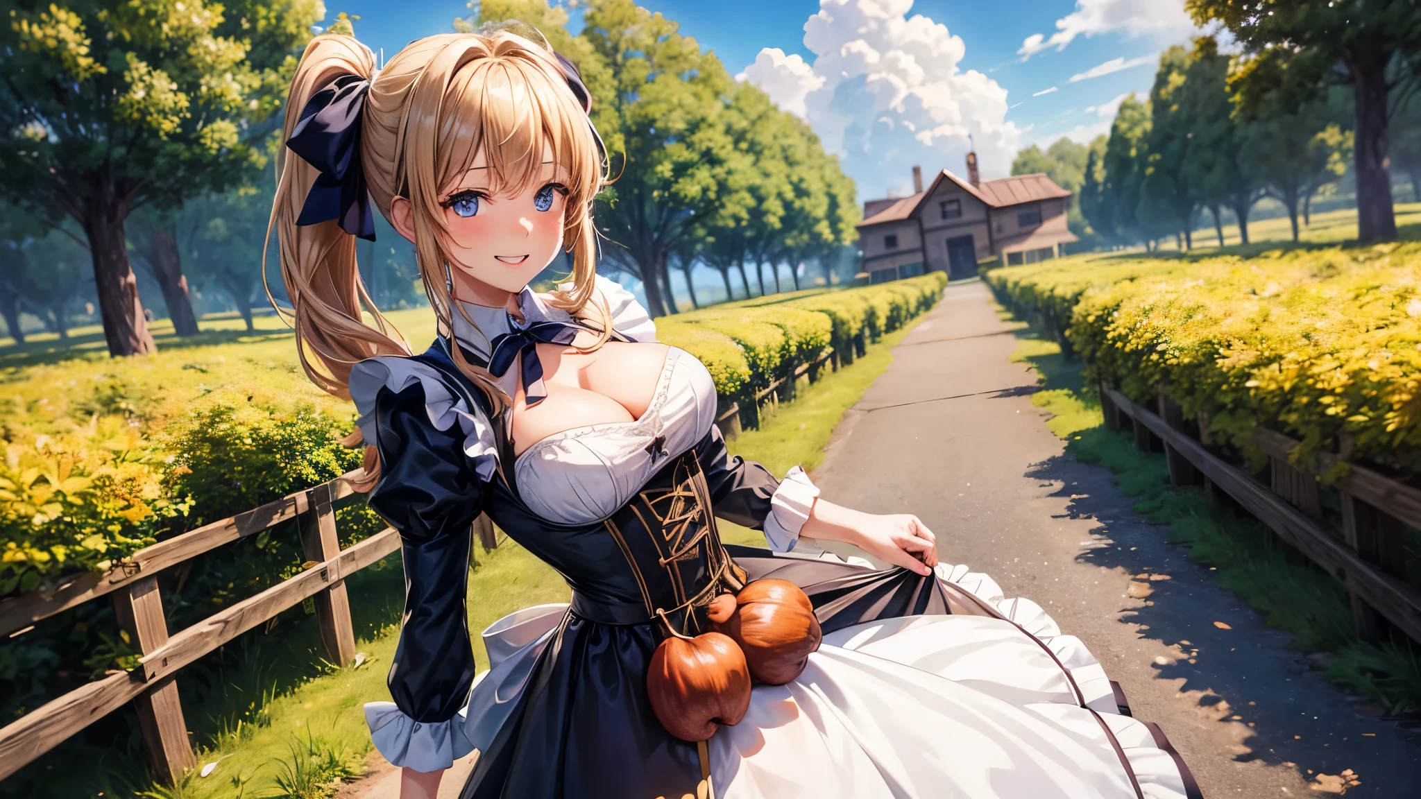 1girl, solo, summer, village, trees, sun, clouds, chestnut hair, side ponytail, large breasts, french maid dress, dark blue eyes, cleavage 1:3, brown shoes, grin, looking at the viewer, standing, hair ribbon, golden necklate