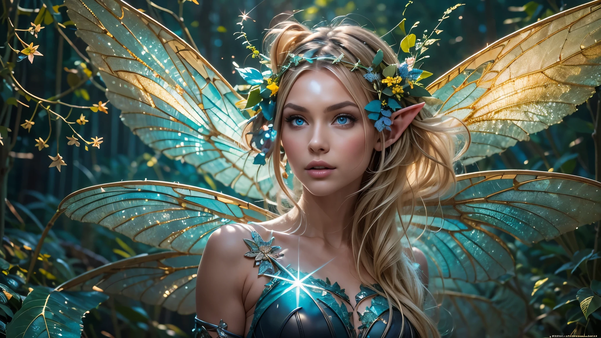 Beautiful faerie woman, elf ear, flying, centered holographic dragonfly wings, glowing blue eyes, detailed proportional hand, proportional body, firm breast, silk tutu, frank Frazzetta painting style, (Best Quality:1.4), (Ultra-detailed), (extremely detailed CG unified 8k wallpaper), Highly detailed, RAW Photos, Professional Photography, plein air, Illumination, (Super fancy photos:1.4), (Dazzling light), Radiant Photography, depth of fields