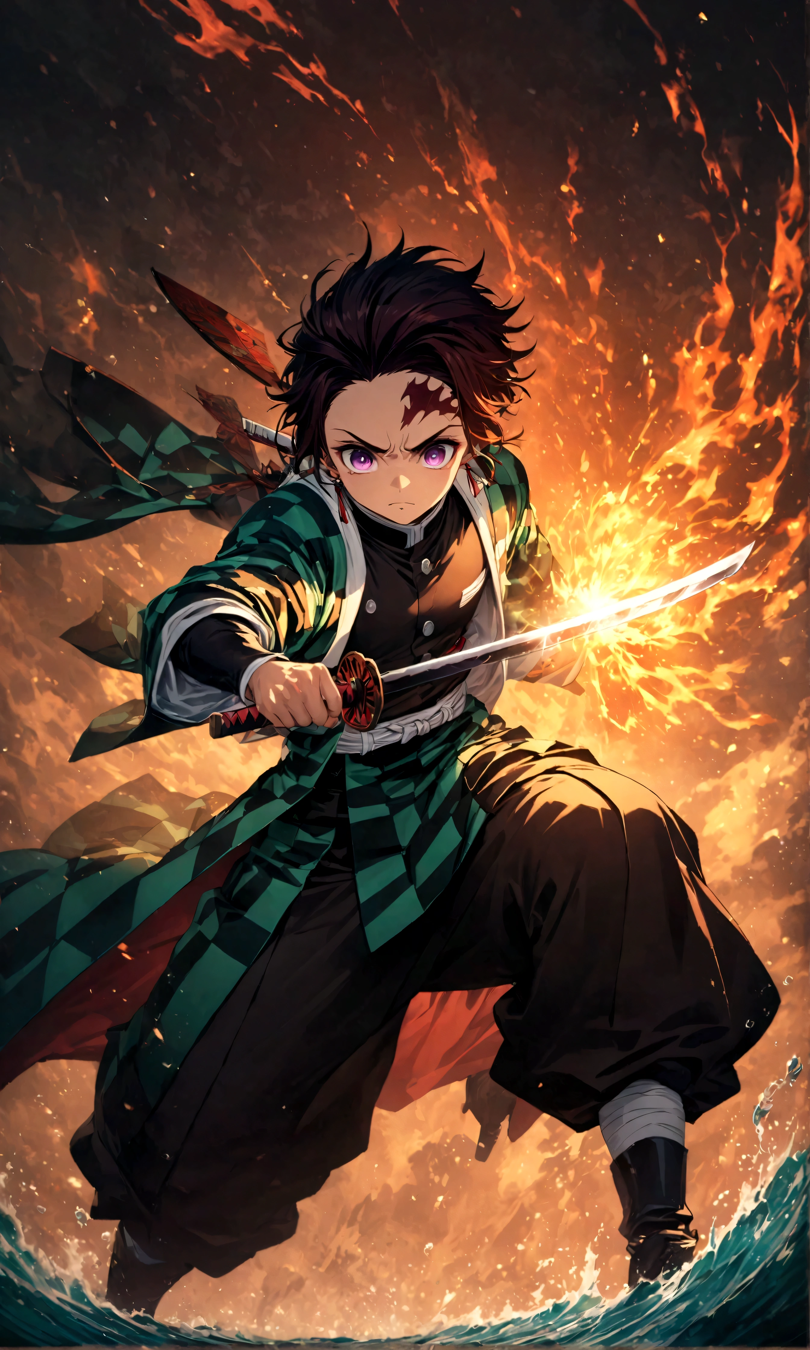 (1 male,Tanjiro Kamado),Demon slayer,Tanjiro&#39;s Costume,Holding a Japanese sword,Water and fire effects,Intricate details,,Decadent,artwork,rendering,Dynamic pose,(masterpiece:1.3),(highest quality:1.4),(Super detailed:1.5),High resolution,Very detailed,unity 8k wallpaper,Dark fantasy,Brush strokes,Glare,Fighting Style,Glare,Desperate form,BREAK,The Japanese sword is very straight