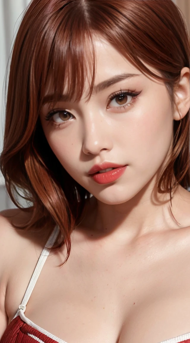 detailed woman face looking at the camera, dark-brown eyes, (((almond eyes))), hot (((thick red lips))), mouth open with sensuality, correct deformed fingers, photorealistic, (((eyes to the camera))), slightly smiling, (((red hair))), (((Asian face)))