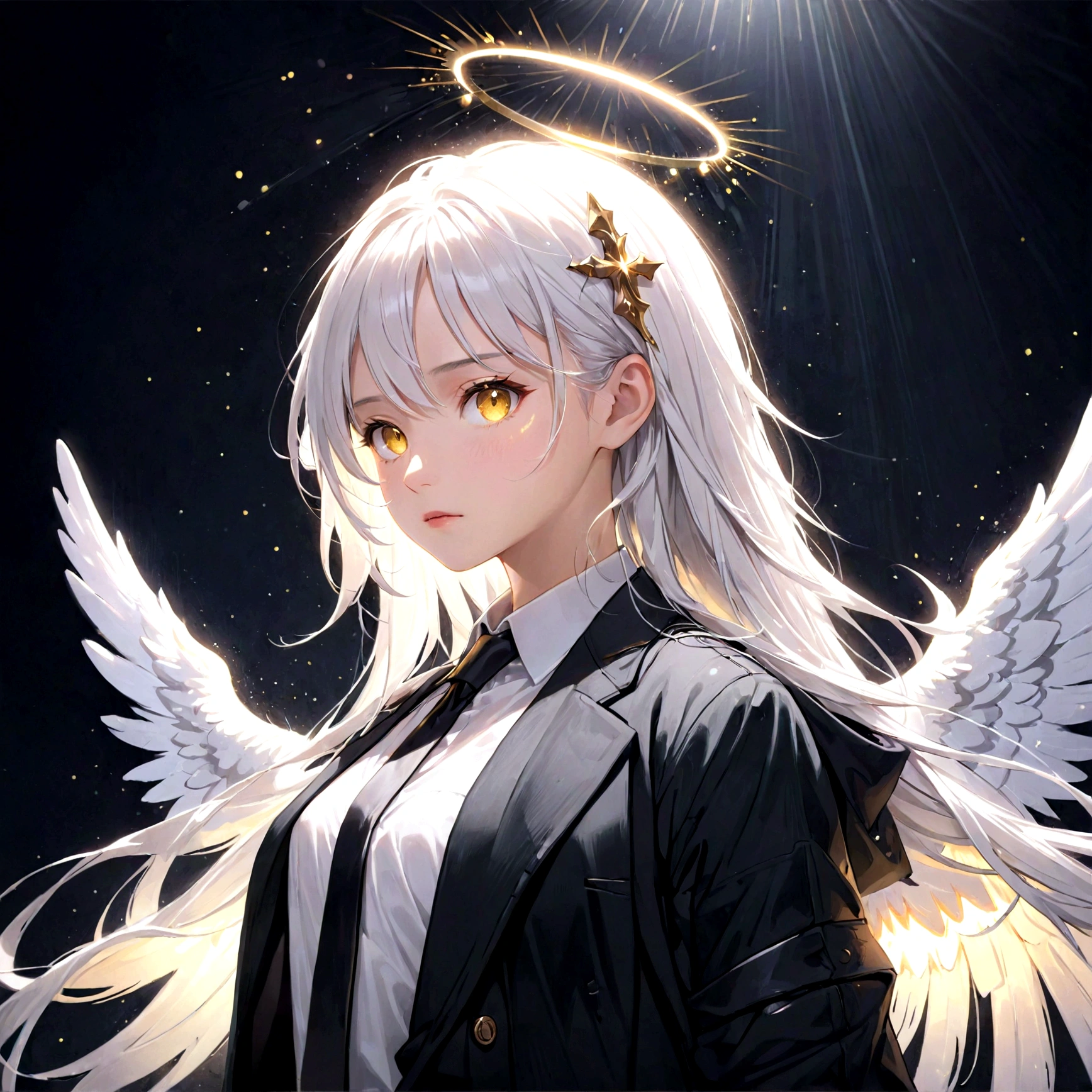 portrait woman, half body shot,,(masterpiece, best quality:1.3), (ultra-detailed:1.3), 1girl, solo, (white hair, messy hair, long hair), (angel wings, angel halo), flat chest, yellow eyes, (white shirt, black necktie, black coat, open coat), cowboy shot, cinematic lighting, (((glowing light particles))), (arms behind back), dynamic angle, chinese style