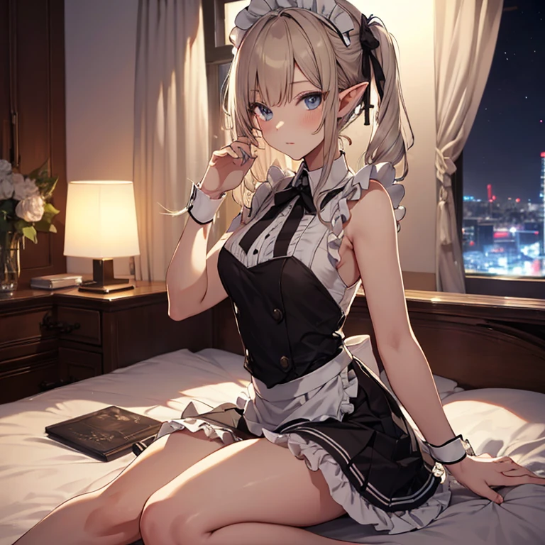 A maids, (in bedroom), various hair styles, night, details face, short skirt, seducing, sleeveless, maid uniform, elf