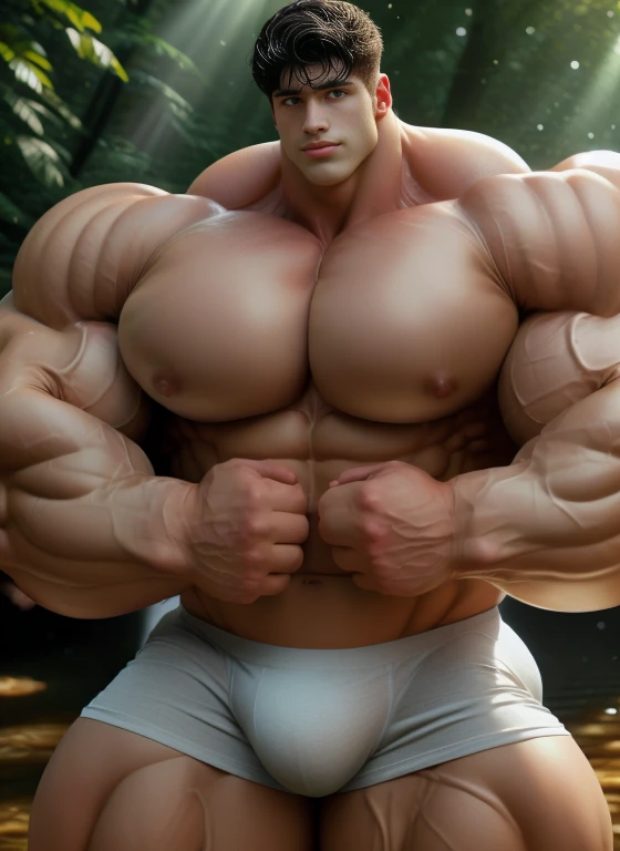 1 masculine boy, short black haircut, ultraheavyweight bodybuilder, staring, outdoor at the forest with golden rays, strong body, bulk, naked, wear white triangular underwear, bulge, very big, brutalmass, giant, muscular body, bulk, massive body, large meaty body size, brown veiny skin, big arms, large meaty pecs, wet, rounded muscle, UHD, Realistic, intricate detail, illuminating  light