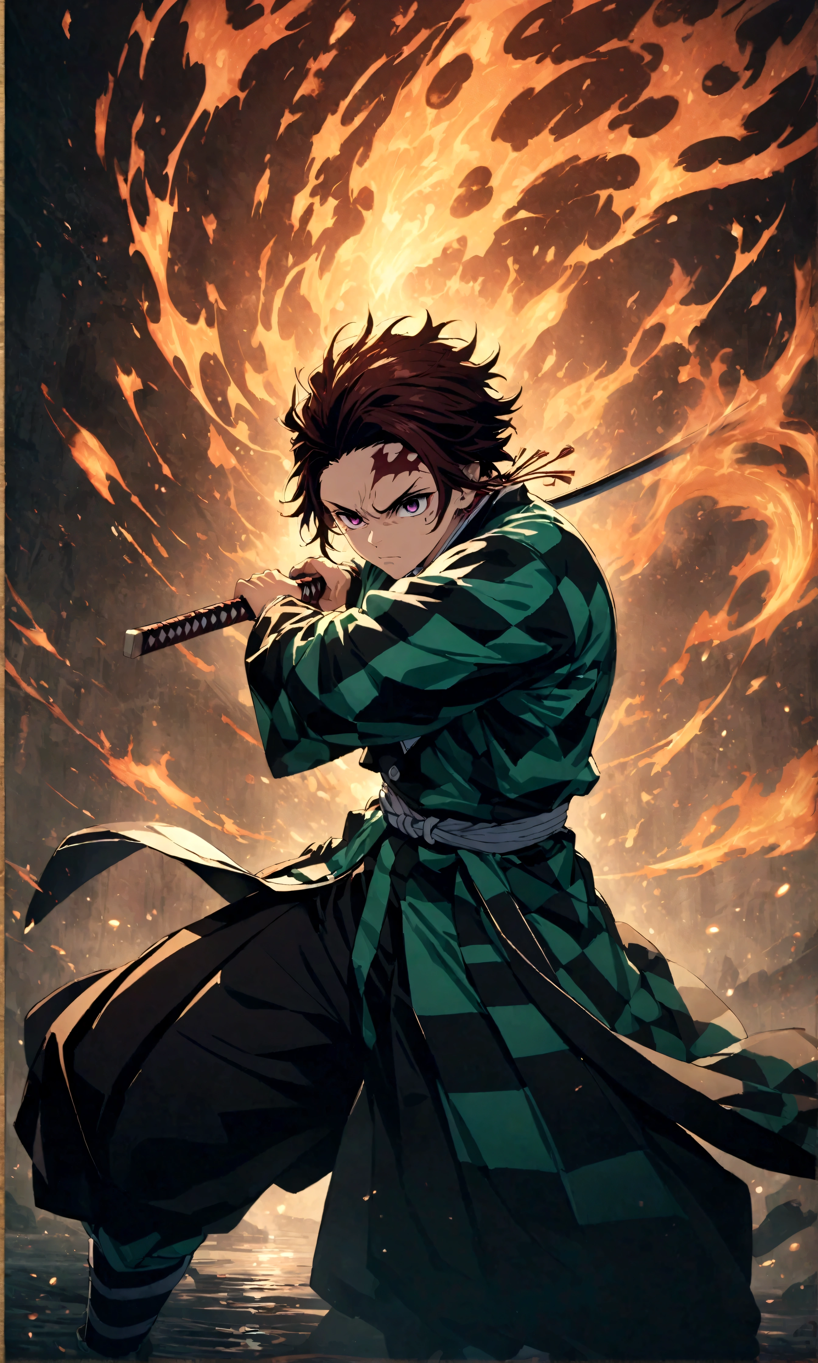 (1 male,Tanjiro Kamado),Demon slayer,Tanjiro&#39;s Costume,,Water and fire effects,Intricate details,,Decadent,artwork,rendering,Dynamic pose,(masterpiece:1.3),(highest quality:1.4),(Super detailed:1.5),High resolution,Very detailed,unity 8k wallpaper,Dark fantasy,Brush strokes,Glare,Fighting Style,Glaring BREAK,Holds a straight Japanese sword