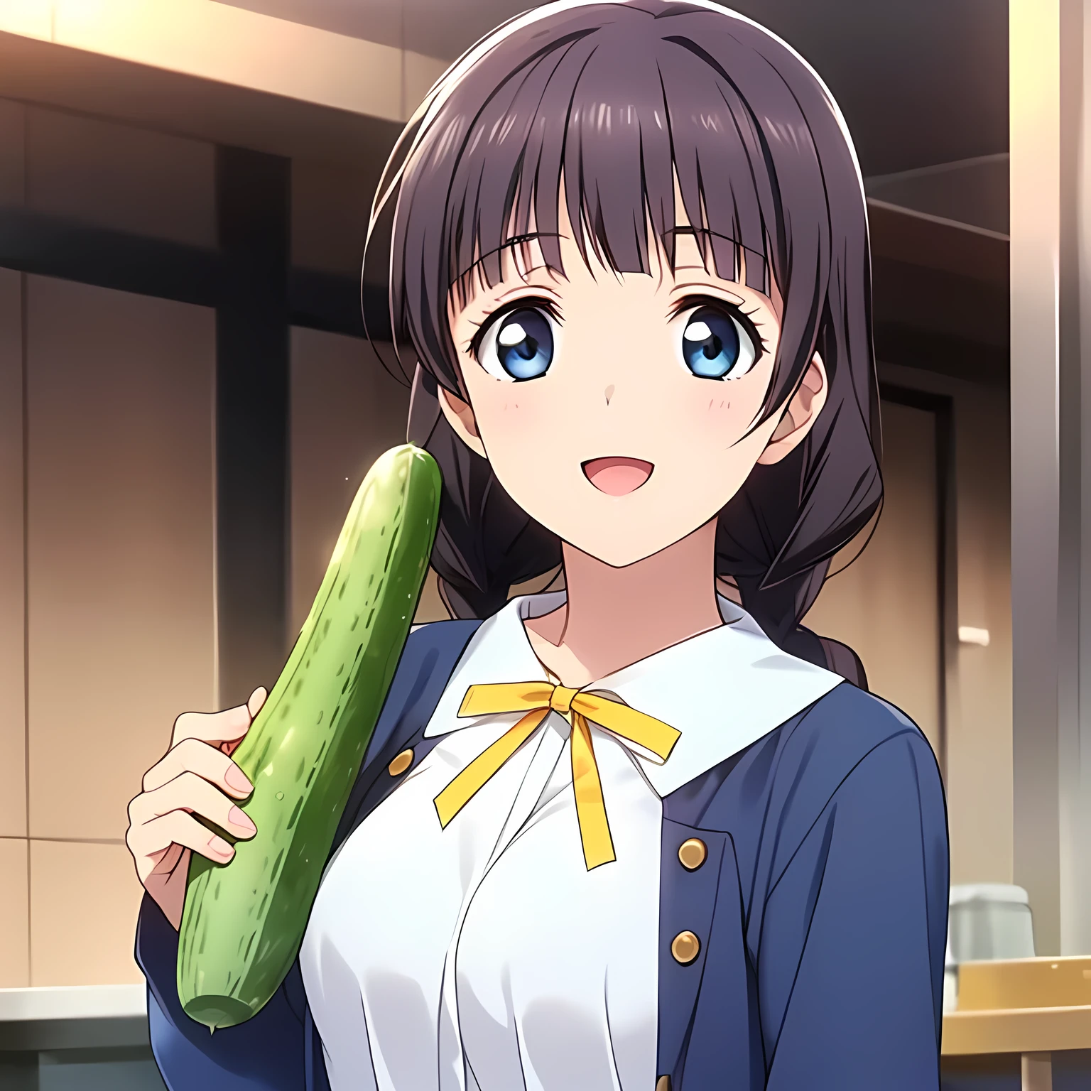 (highest quality, masterpiece:1.2), highest quality, High resolution, 1080p, 8K, Game heroine CG, Height: 158cm, ((The beautiful game heroine is eating a long cucumber with surprisingly sweet nectar with gusto.)), A face that everyone loves, Amazingly sweet honey, Glossy lips, Even bangs, Double, Long eyelashes on both the top and bottom, Smiling blue eyes, The very large and thick yellow ribbon bowtie is very cute., ((Black Hair)), Beautiful, shiny, long braids, ((A long, neat, dark navy pleated skirt)), (((A long-sleeved navy blue sailor uniform for winter, all dark blue in color))), ((Navy blue jacket)), Smiling, slightly open mouth like a game heroine, Ribbon in hair, Tight waist, The background is a blank white space, ((Blur the background))