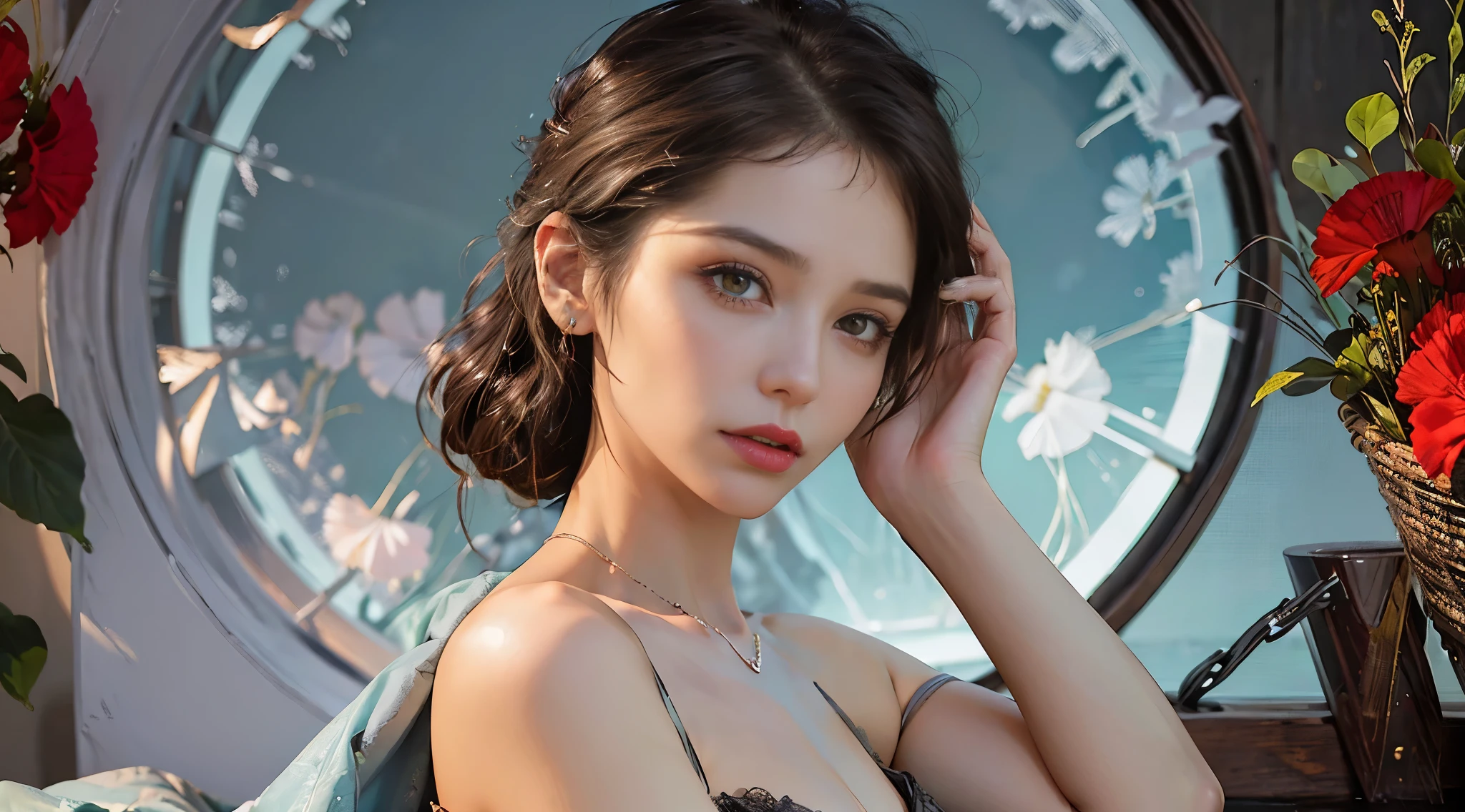 otrait of beautiful eropean young girl, (perfect face:1.3), long dress, bare legs, perfect legs, (perfect body shape), high heels, (bare shoulders), messy bun hair, thigh body, (huge chest), (bare chest), high detailed skin,(shiny skin:1.3),(focus on face:1.3),(flower sea:1.3)
a beautiful, charming young victorian woman, 24 years old, dark hair, bright eyes, gothic setting, sweet expression, with the face of charity wakefield, artwork by by atey ghailan, james gilleard, joe fenton, kaethe butcher, greg tocchini, vibrant colours