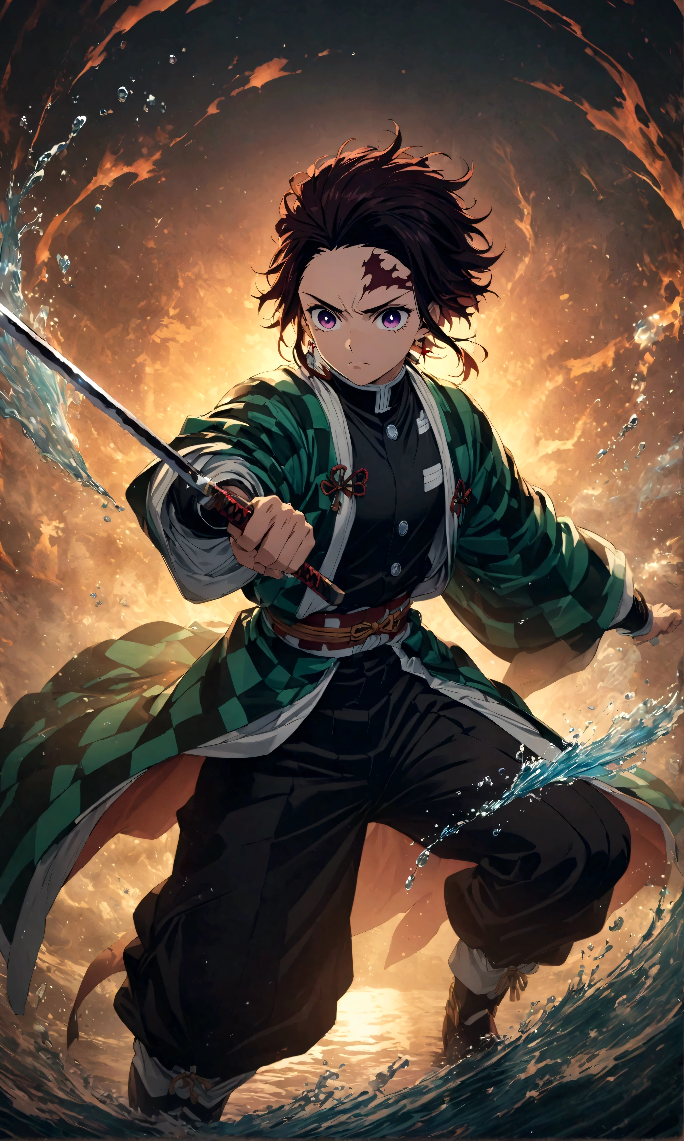 (1 male,Tanjiro Kamado),Demon slayer,Tanjiro&#39;s Costume,Holding a sword,Water Effects,Intricate details,,Decadent,artwork,rendering,Dynamic pose,(masterpiece:1.3),(highest quality:1.4),(Super detailed:1.5),High resolution,Very detailed,unity 8k wallpaper,Dark fantasy,Brush strokes,Glare,Fighting Style,