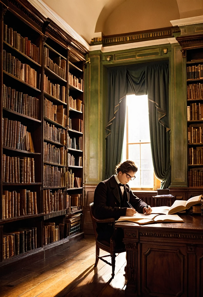 A male student is studying in an early 19th century library, with books arranged neatly in a large room. The scene perceives the entire library. A desk in one of the corners of the room, an armchair in the center of the library. A comfortable warm light illuminates the room. On the desk there is ink and a fountain pen, there are also sheets for making notes. At one end of the desk is a small stack of books.
Realistic scene, with a lot of detail in its qualities