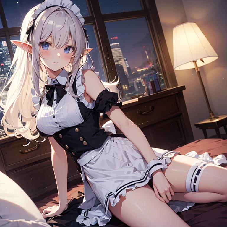 A maids, (in bedroom), various hair styles, night, details face, short skirt, seducing, sleeveless, maid uniform, armpits, elf, lay on bed