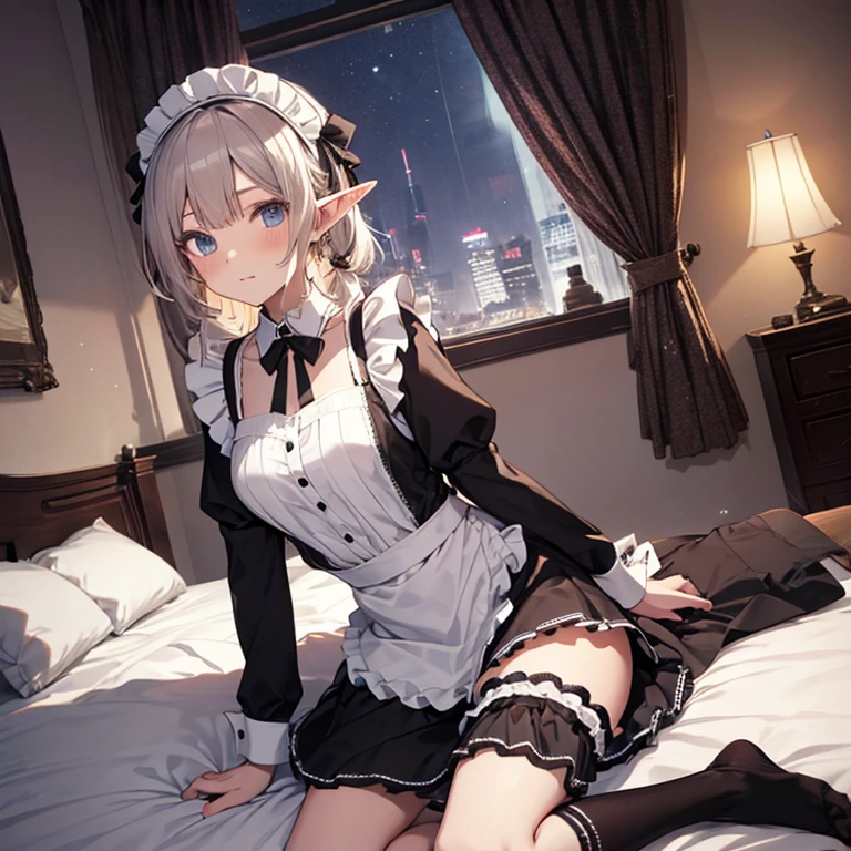 A maids, (in bedroom), various hair styles, night, details face, short skirt, seducing, sleeveless, maid uniform, elf