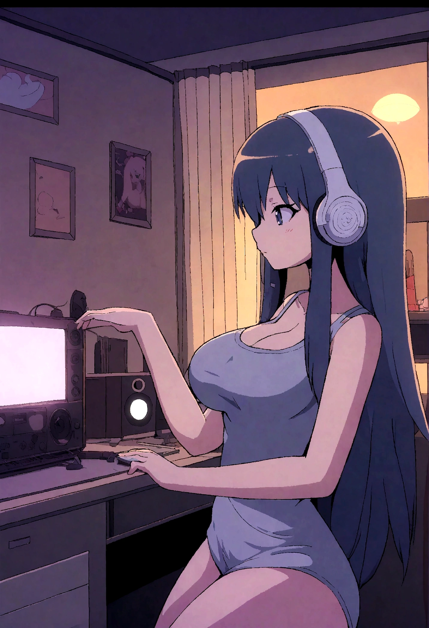 Girl listening to music in a cozy room at night, Usando fones de ouvido, Anime estilo 2D, Lo-fi, hd, Ambiente escuro, big big breasts