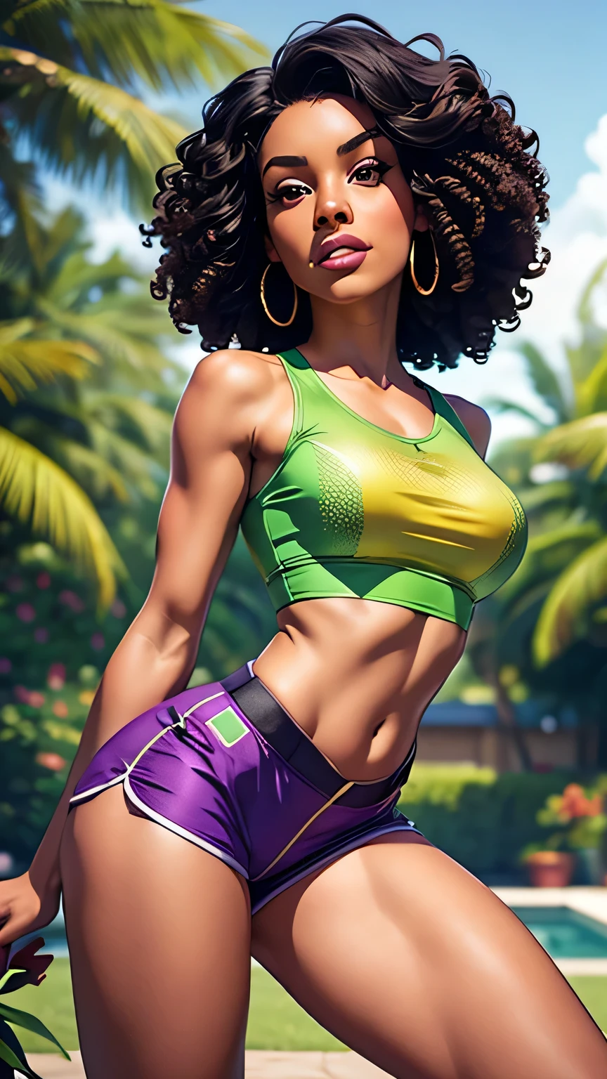 1girl, 25 years old, singer Maxine Sullivan, African-American jazz singer, black hair, curly hair, blurry background, blurry foreground, depth of field, photo \(medium\), focused, nature background, bokeh, tight shorts, plant, chromatic aberration, reference inset, leaf, photo inset, navel, purple shorts, sports top, lips, palm leaf, tree, athletic shorts, midriff, outdoors, brown eyes, jungle, potted plant, looking at viewer, day, tank top, solo, high-waist shorts