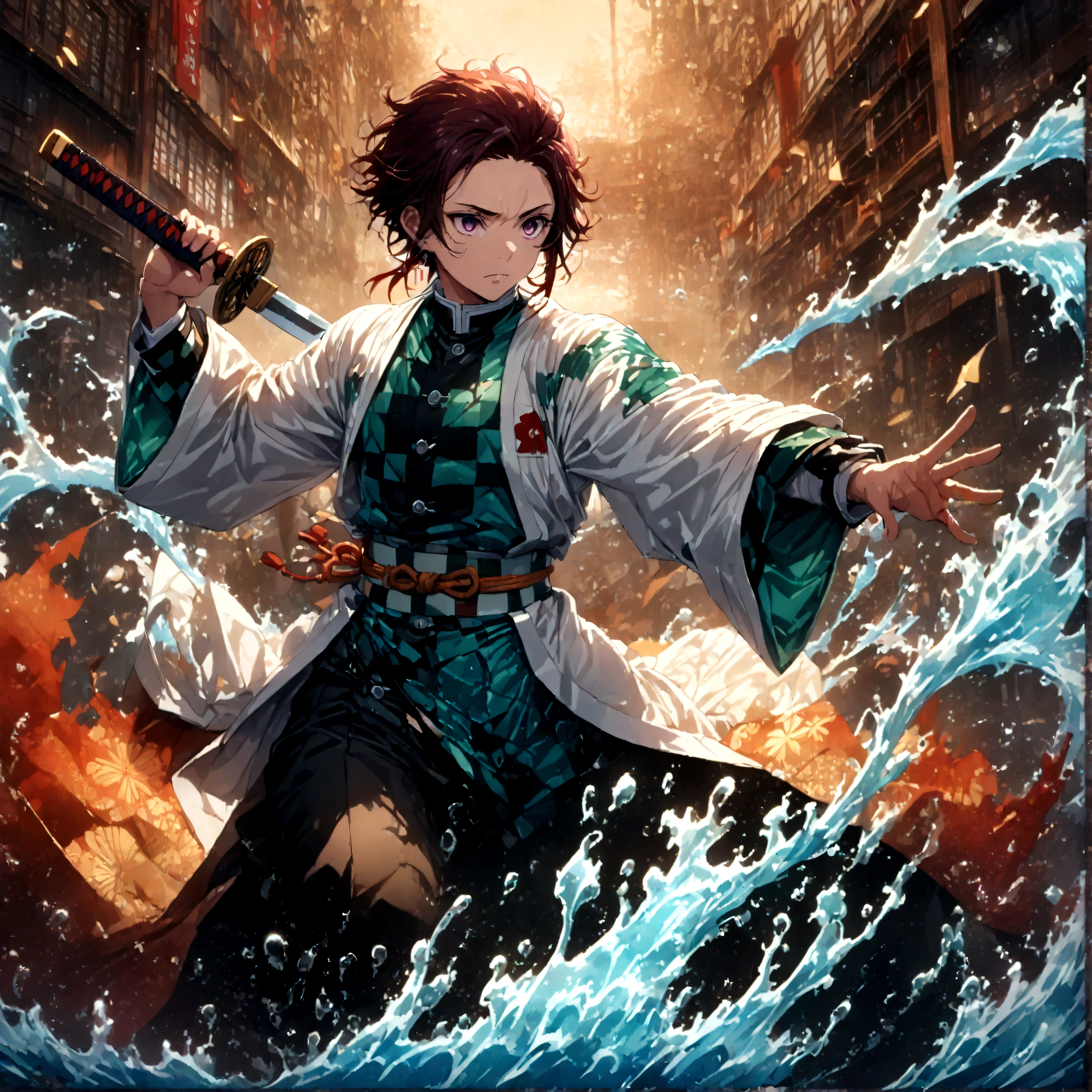 Fixes,(1 male,tanjiro kamado),Demon slayer,Tanjiro&#39;Costumes,Holding a Japanese sword,Water flow effect,Fire effect,Intricate details,Spirit,Decadent,artwork,rendering,Dynamic pose,(masterpiece:1.3),(highest quality:1.4),(Very detailed:1.5),High resolution,Very detailed,unity 8k wallpaper,Dark fantasy,,Glare,Fighting Style,Presence,Draw artistic background,(Japanese style sculpture:water:Wave:流water),Gold Leaf,Glare,Absurd,Zentangle,rendering,Hopeless shape,Looking into the camera,break,The Japanese sword is straight., thin, Has metallic luster.,Please hold the handle of the Japanese sword