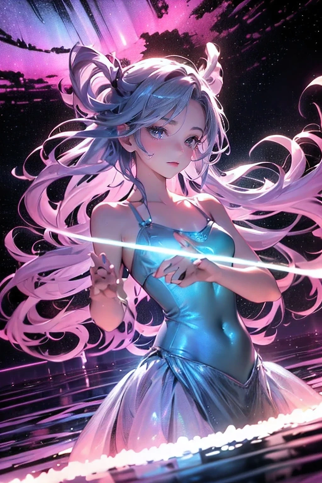 hologram infographic, 3d render, raw photo:1.2, masterpiece, highest quality, 16k, unbelievably absurd, very detailed, perfect beauty, (double exposure vibrant colors silhouette:1.3), (layered vibrant colors silhouette:1.2), (water world photo scenery), diamond dust, starry sky with aurora, flowing sheer dress, flowy long hair, (lake:1.2), (realistic photo scenery), (starlight), (ballerina girl dancing,romantic tutu),