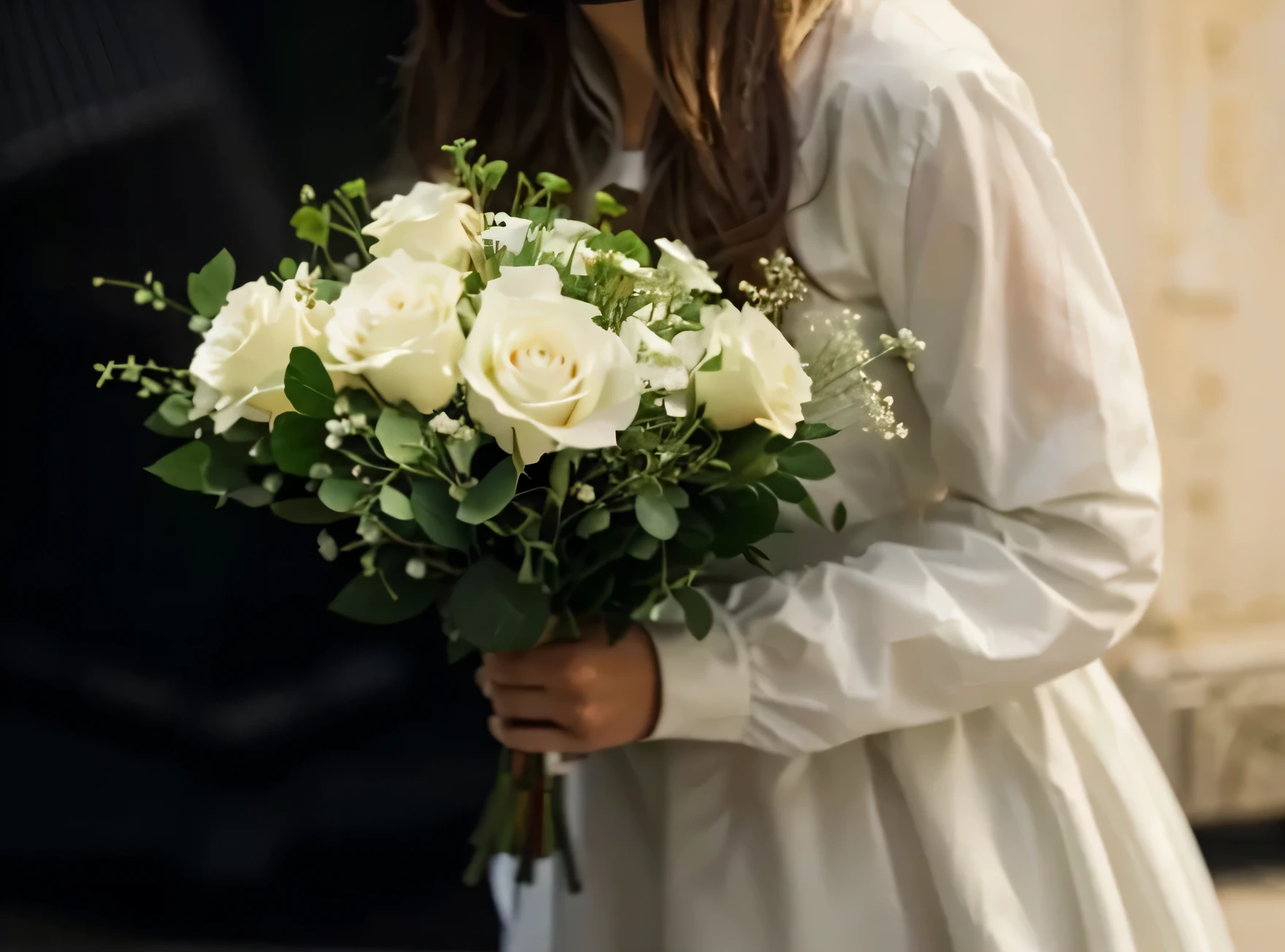 White roses, Gypsophila, green, bouquet, definition, High quality, Hands, fingers