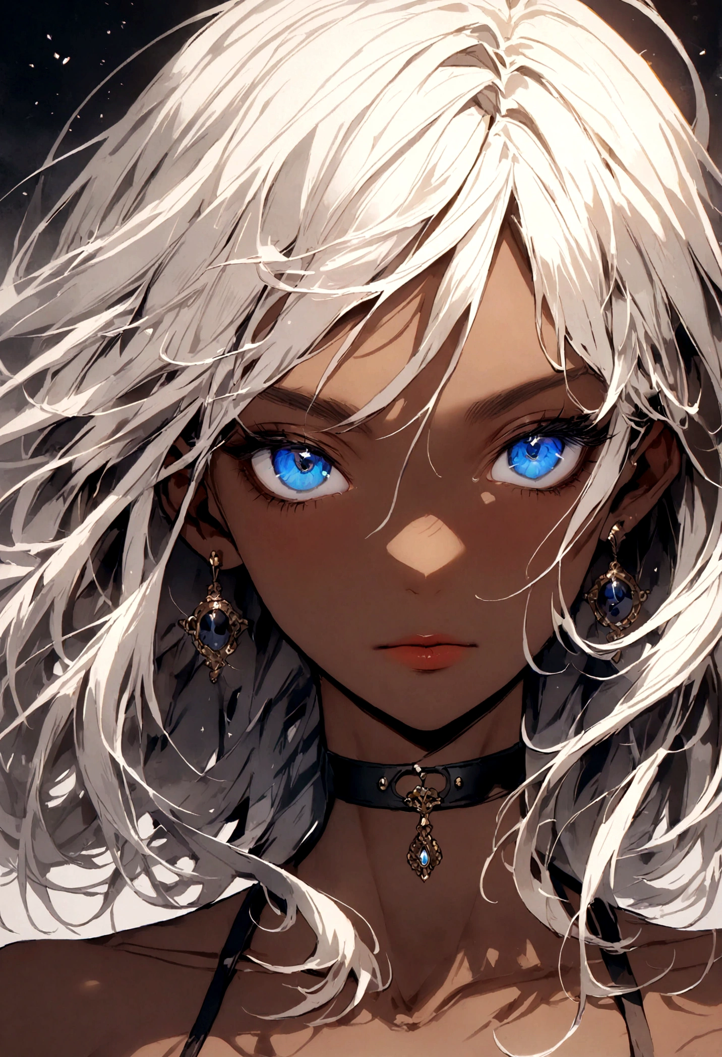 a beautiful woman, short undulated white hair, black choker, blue eyes, (dark skin:1.3)
