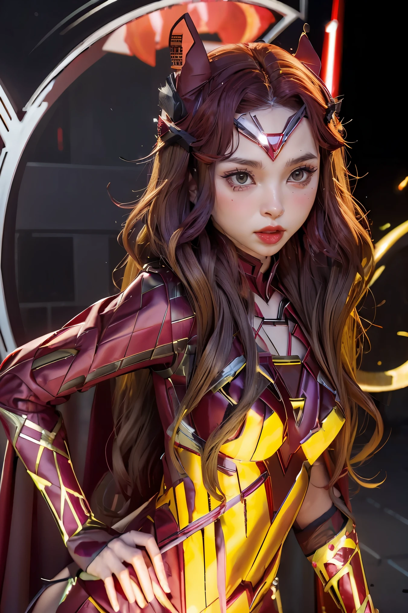8K, Dark_Fantasy, (Scarlet Witch, Yellow: 1.5), Angel Face, 1 Person, Standing Full Figure, Mechanical Marvel, Robot Presence