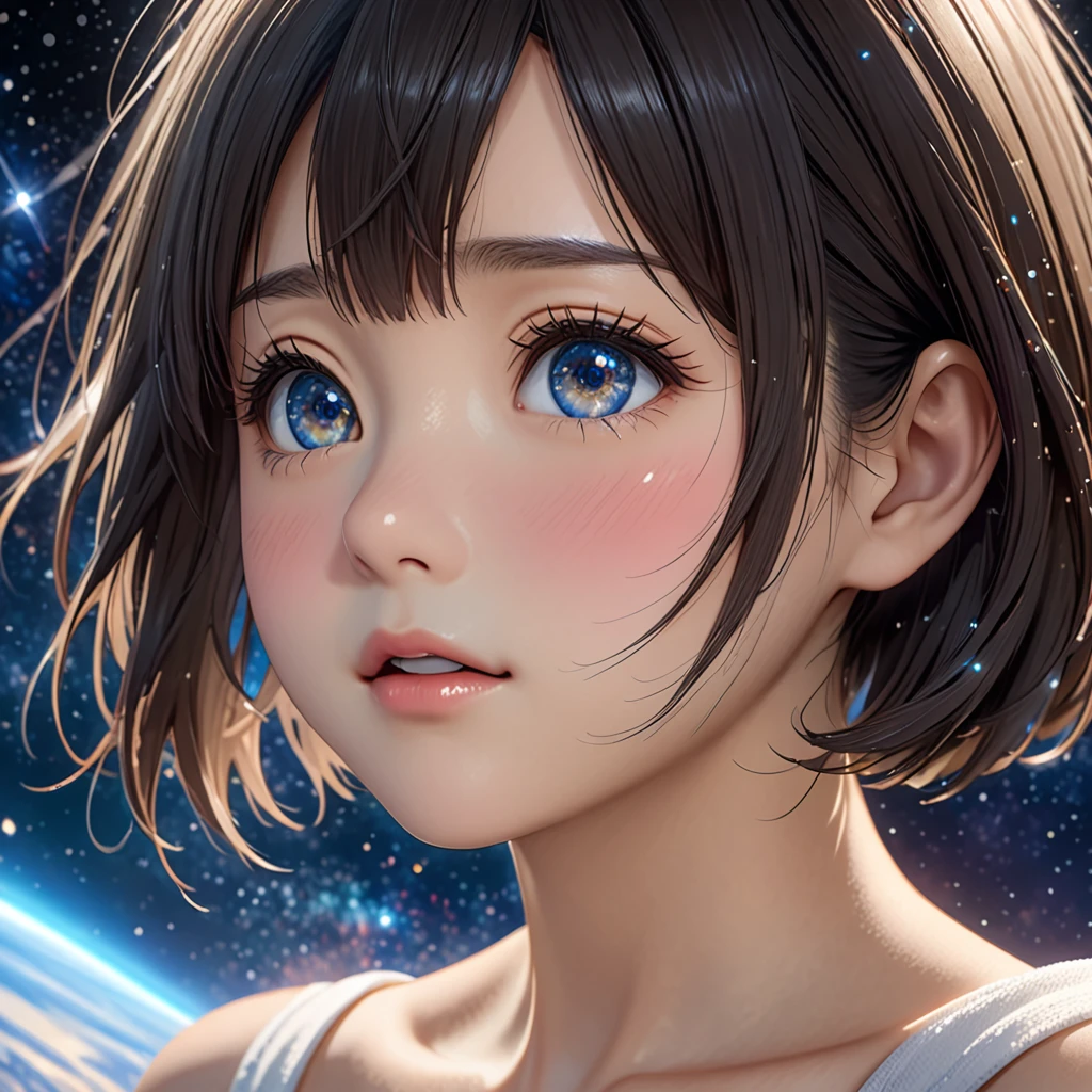 National Science Foundation,masterpiece,High resolution,8K,Art,digit,Three-dimensional,Realism,Kyoto Animation Style,your name movie style,cute,Facing the camera,universe,Milky Way,Planet,(1 female: 1.3),(alone: 1.4),Upper body nudity,Long eyelashes,Long thin legs,Short Bob,Close-up of upper body,Close-up,close view,Starry Sky,Starry Sky般深邃的眼睛,Blushed,shy,shy,open mouth,sad