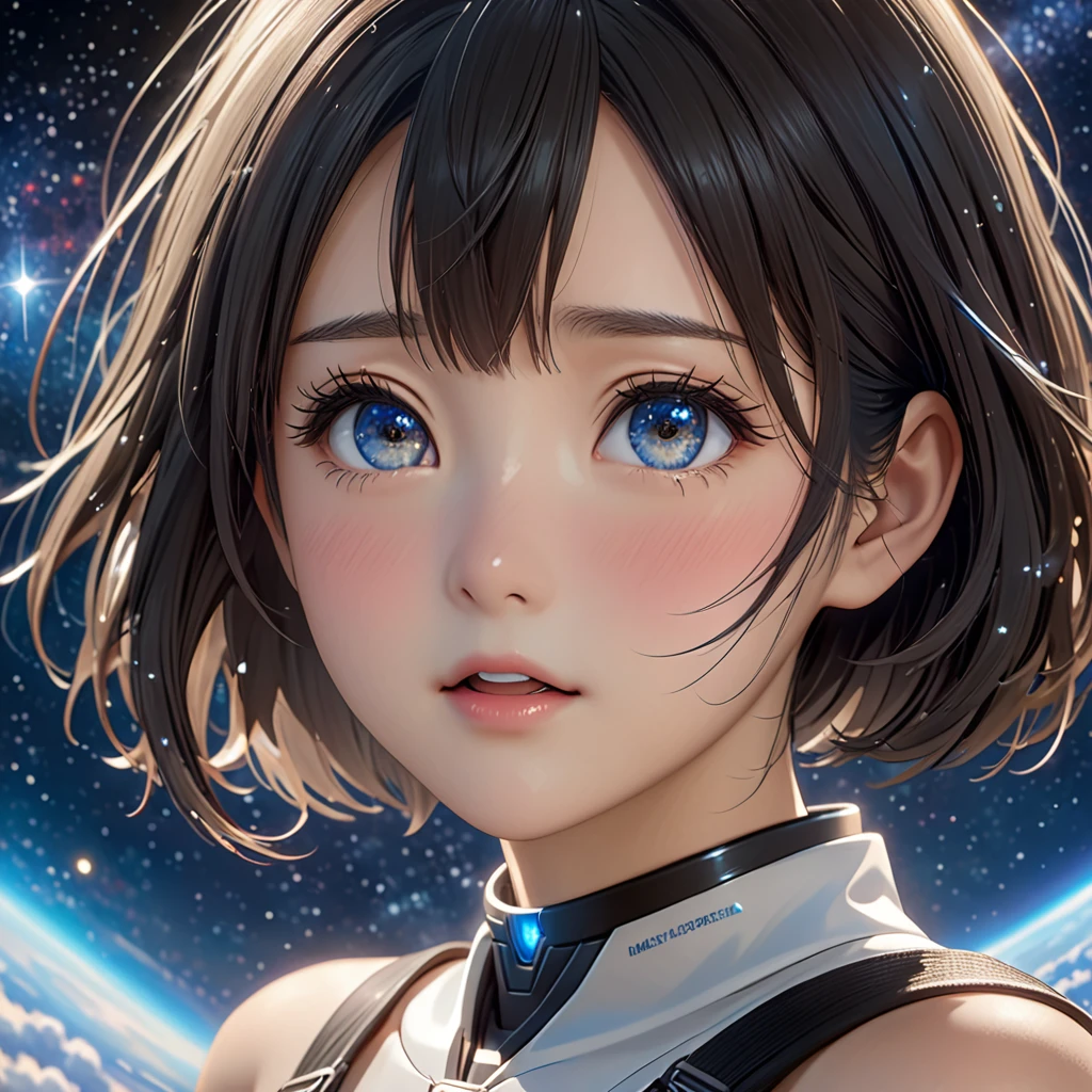 National Science Foundation,masterpiece,High resolution,8K,Art,digit,Three-dimensional,Realism,Kyoto Animation Style,your name movie style,cute,Facing the camera,universe,Milky Way,Planet,(1 female: 1.3),(alone: 1.4),Upper body nudity,Long eyelashes,Long thin legs,Short Bob,Close-up of upper body,Close-up,close view,Starry Sky,Starry Sky般深邃的眼睛,Blushed,shy,shy,open mouth,sad