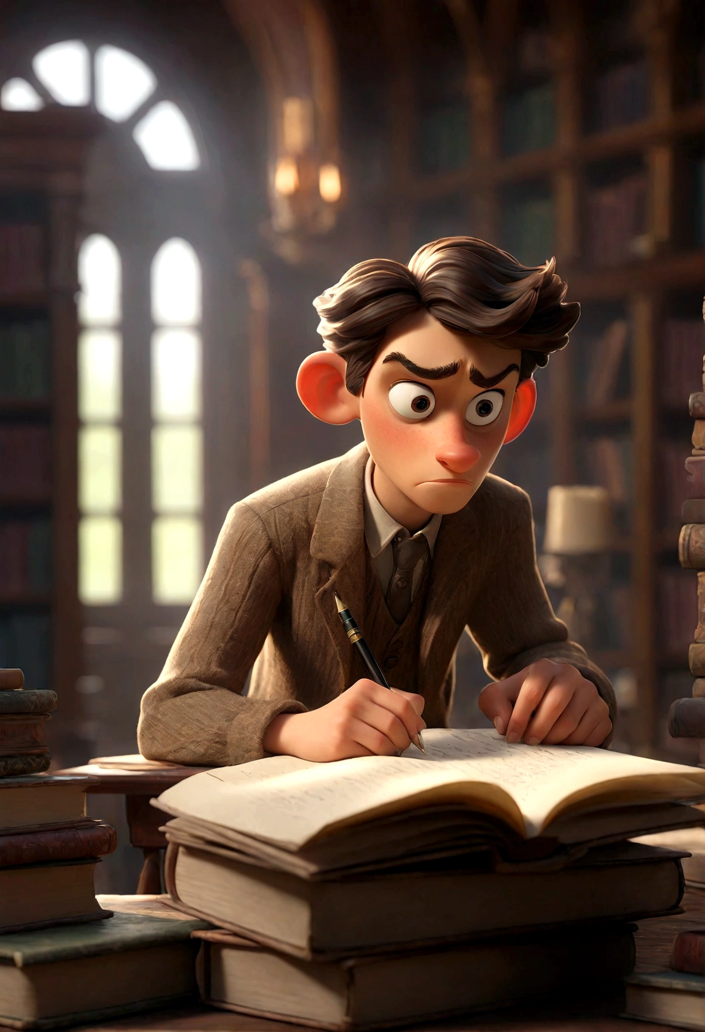 A male student is studying in an early 20th century library, with books arranged neatly in a large room. The scene perceives the entire library. A desk in one of the corners of the room, an armchair in the center of the library. A comfortable warm light illuminates the room. On the desk there is ink and a fountain pen, there are also sheets for making notes. At one end of the desk is a small stack of books. Realistic scene, with a lot of detail in its qualities