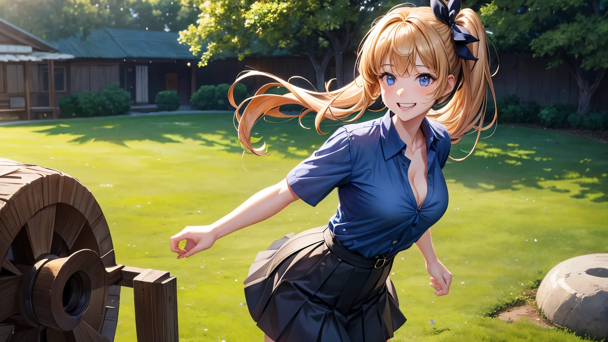 1girl, solo, summer, village, trees, sun, clouds, chestnut hair, side ponytail, large breasts, ((popping shirt buttons)), button down, unbuttoning buttons, dark blue eyes, ((dark blue shirt)), ((unbuttoned shirt)), ((short sleeved shirt)), cleavage 1:3, black skirt, brown shoes, grin, looking at the viewer, standing, hair ribbon, golden necklate