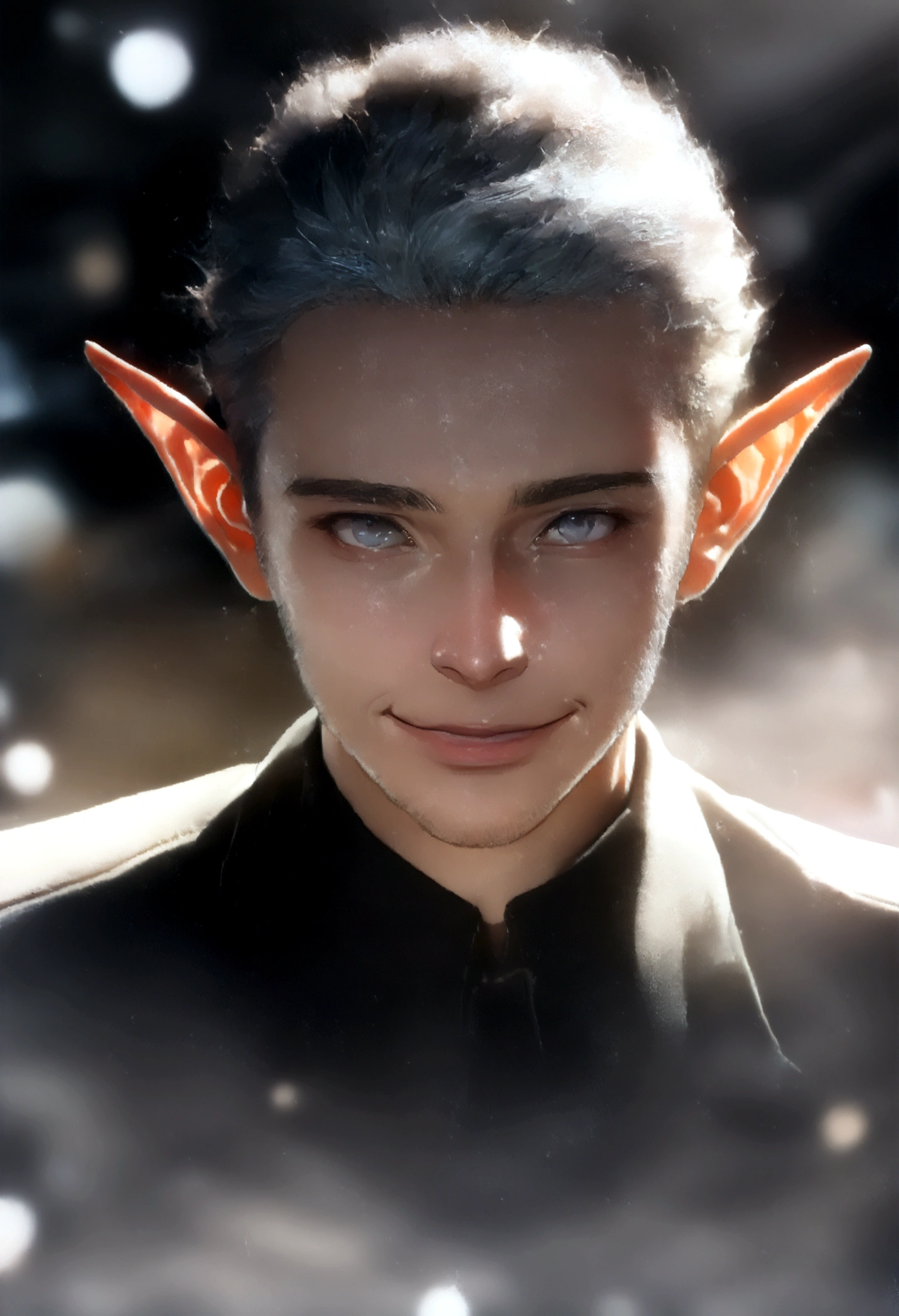 (Artwork, very high quality photo, CGI effect, lighting effect, shading effect), a male elf, bright gray eyes, short platinum hair, (exclusive image of the character's face only), (A confident smile on his face , Looking at the viewer)