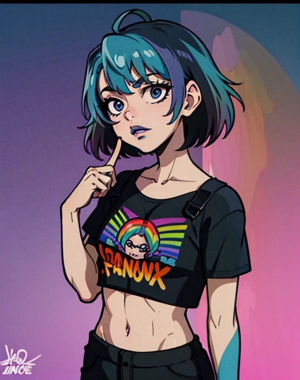 (rainbow color background:1.45),(a girl,solo,cowboy shot,dark rainbow color skin,rainbow color body painting,crop top Casual strap T-shirt:1.45),(1/2 official art,2/3 graffiti art,street style fashion,P/3 Stamping Art Signature,English logo,English text,silhouette:1.35),Spray painting art,color inks,splash inks,Some rusty Retrofuturism,cowboy shot,multicolored outline,iridescent,Rainbow Gradient,colorful, Color paint graffiti,